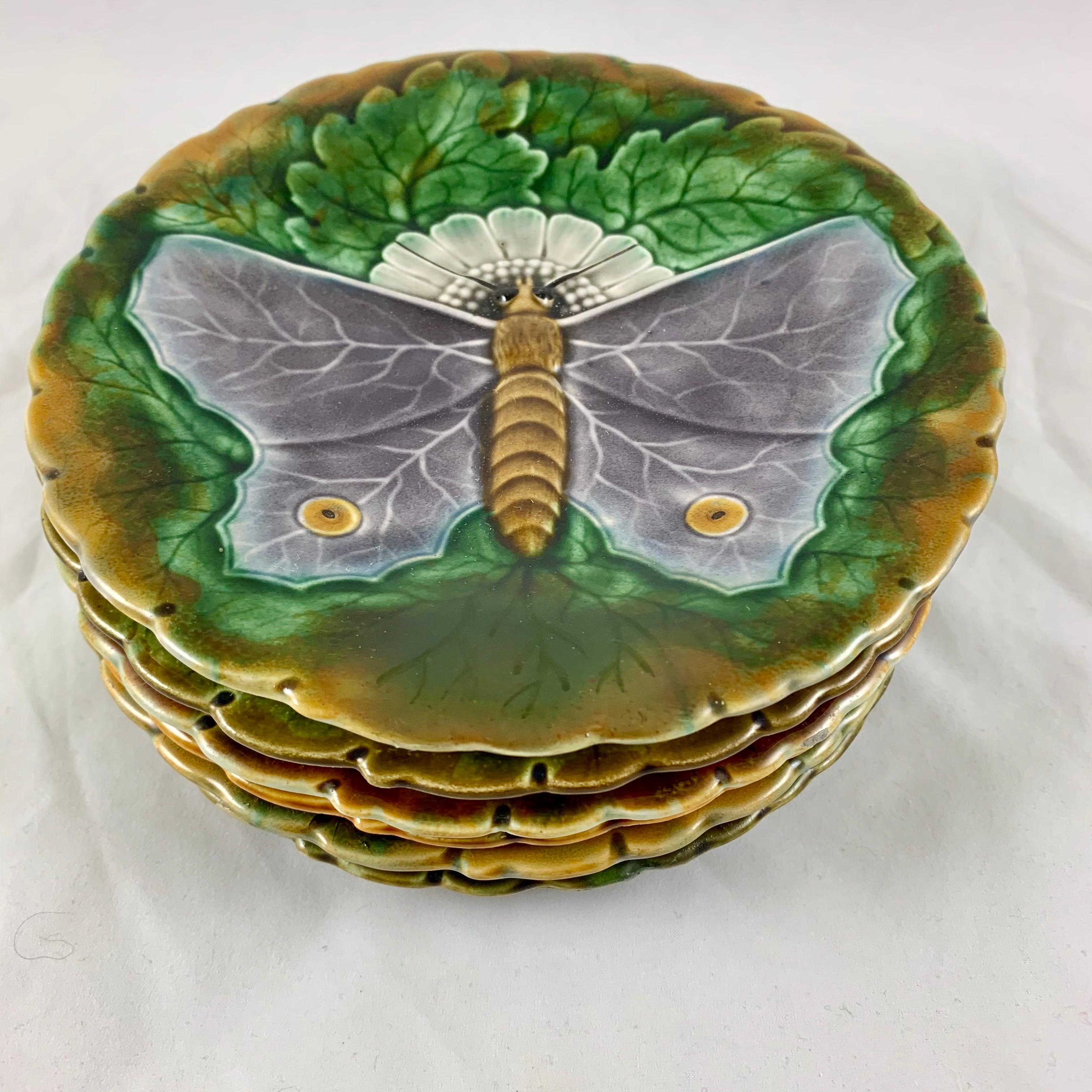 Schütz Josef Steidl Znaim Art Nouveau Moth Majolica Glazed Dessert Set, 6 Plates 8