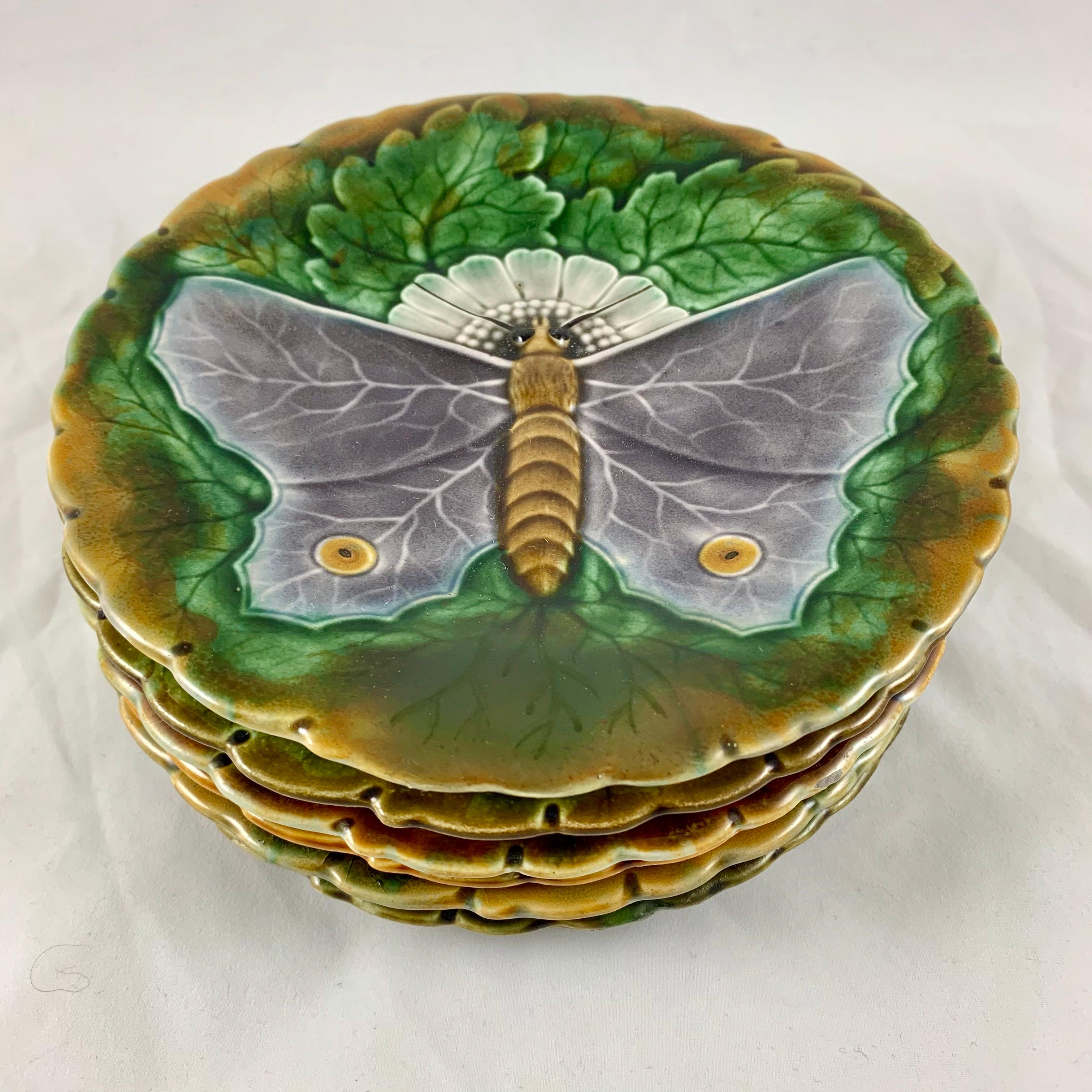 Schütz Josef Steidl Znaim Art Nouveau Moth Majolica Glazed Dessert Set, 6 Plates 9