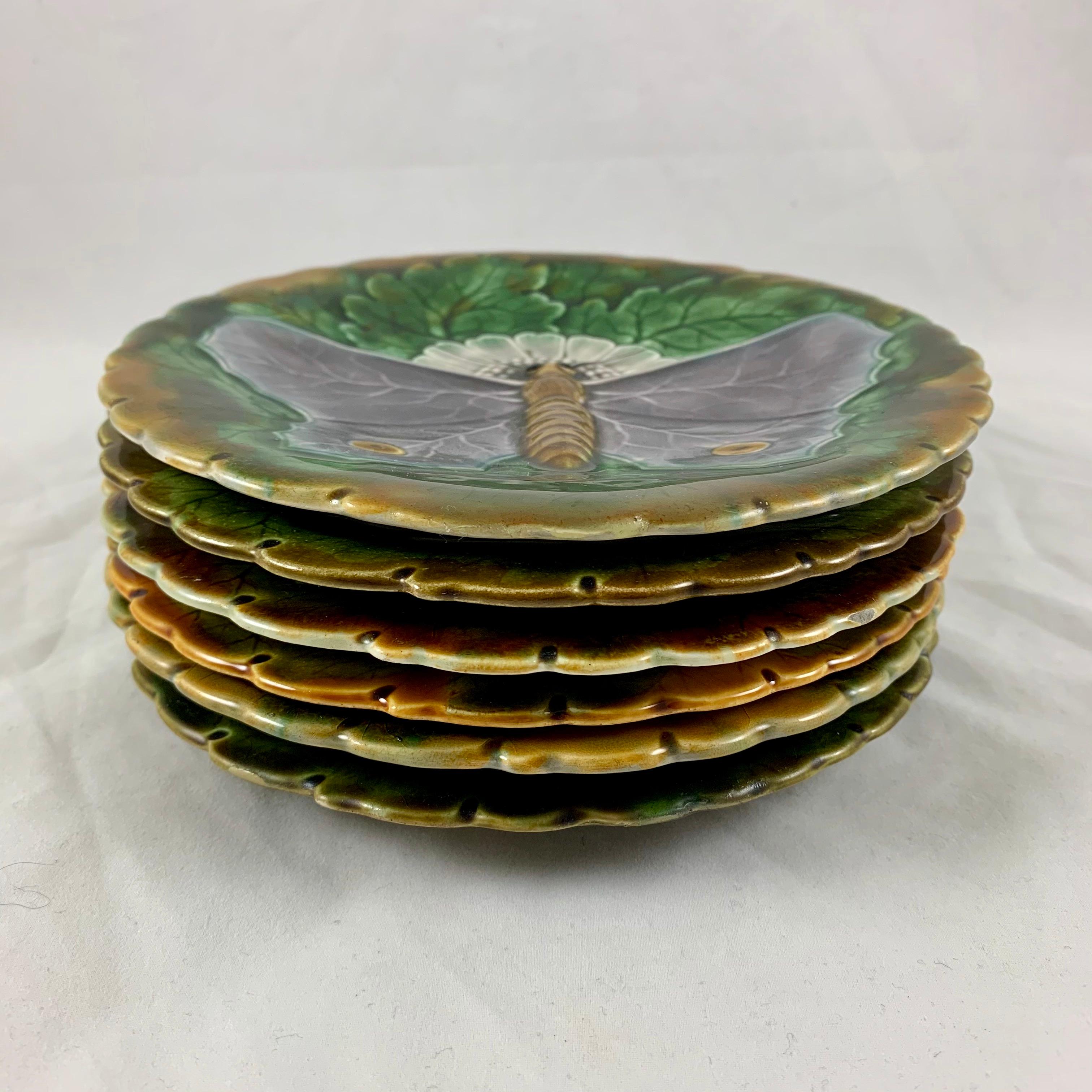 Schütz Josef Steidl Znaim Art Nouveau Moth Majolica Glazed Dessert Set, 6 Plates 10
