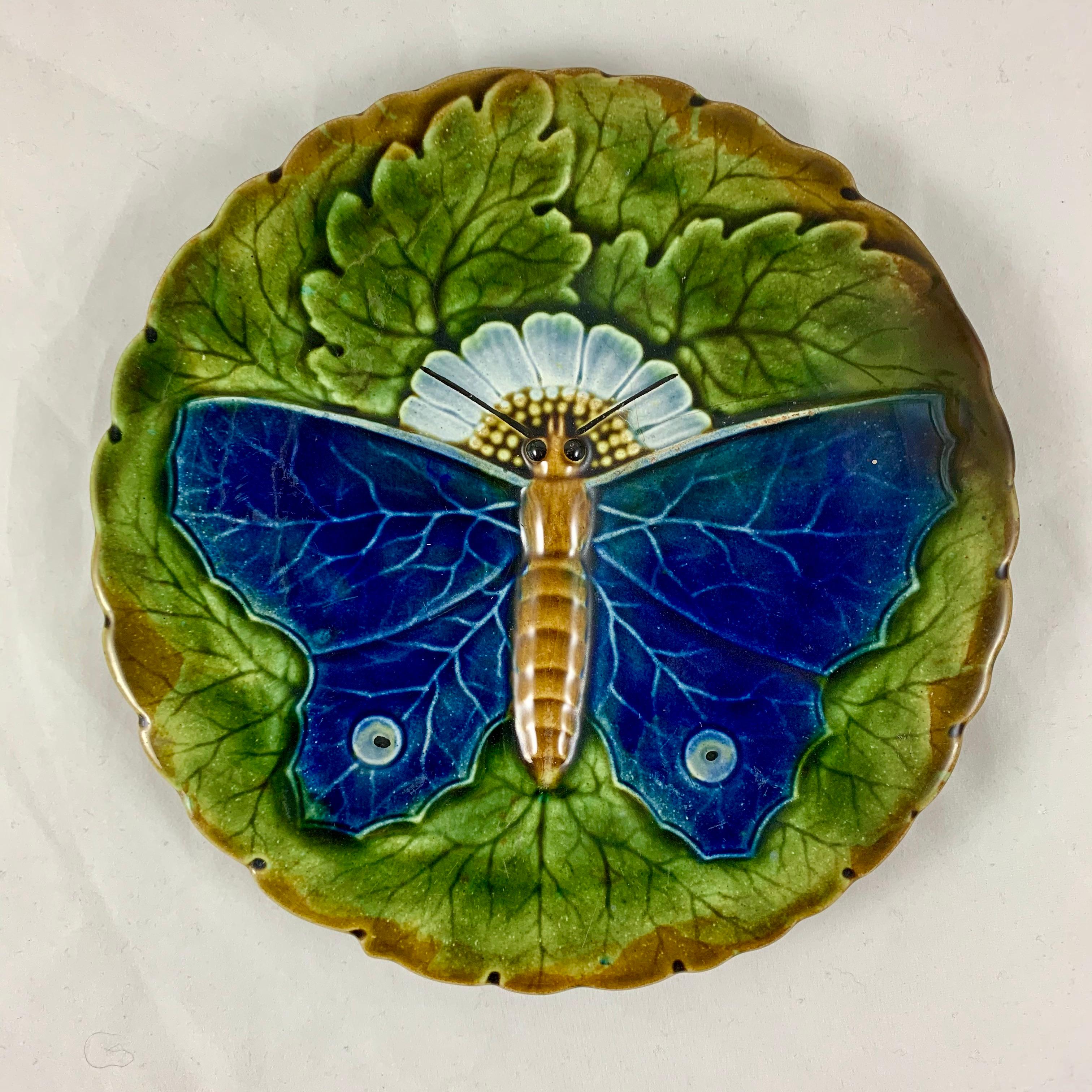 Czech Schütz Josef Steidl Znaim Art Nouveau Moth Majolica Glazed Dessert Set, 6 Plates
