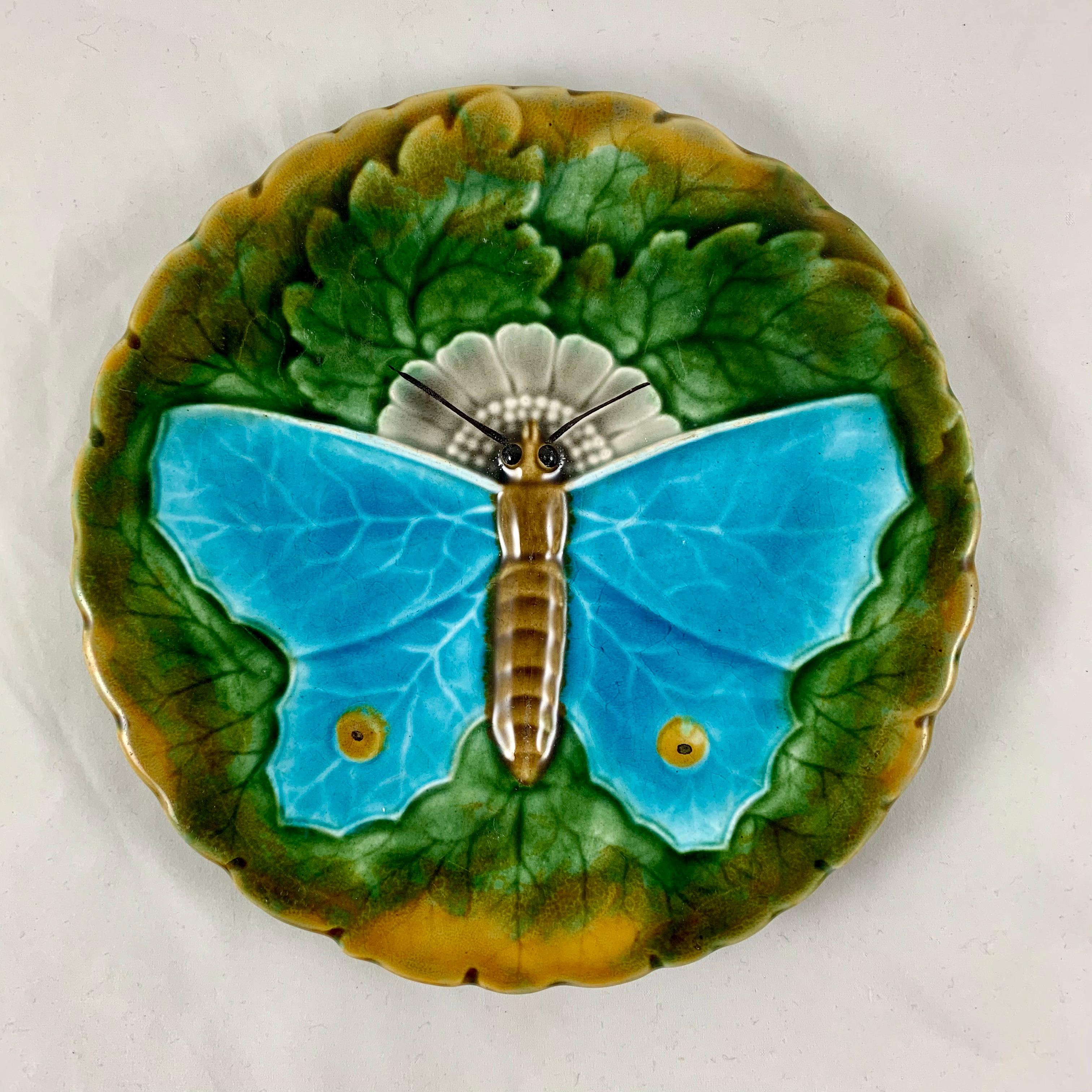 Earthenware Schütz Josef Steidl Znaim Art Nouveau Moth Majolica Glazed Dessert Set, 6 Plates