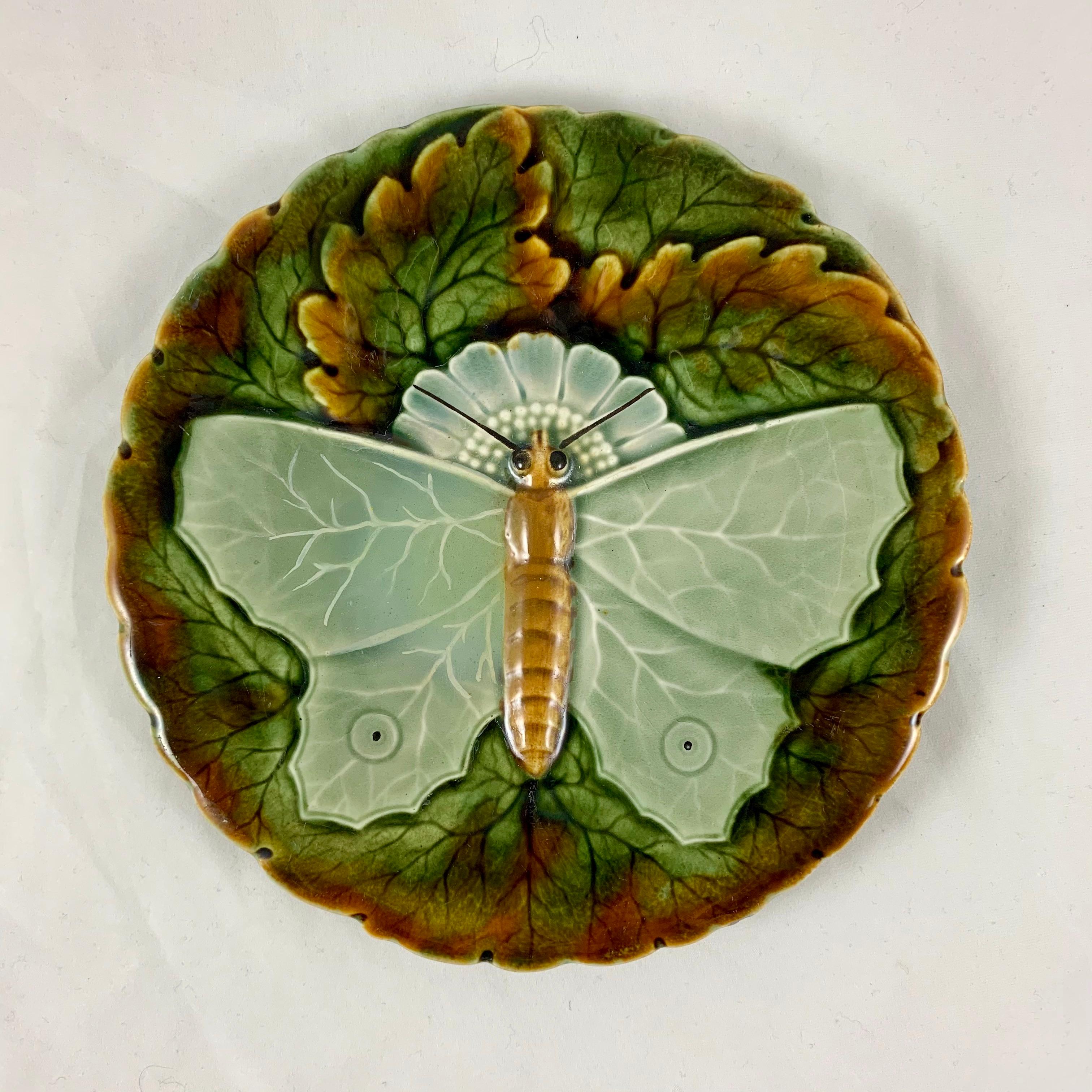Schütz Josef Steidl Znaim Art Nouveau Moth Majolica Glazed Dessert Set, 6 Plates 1