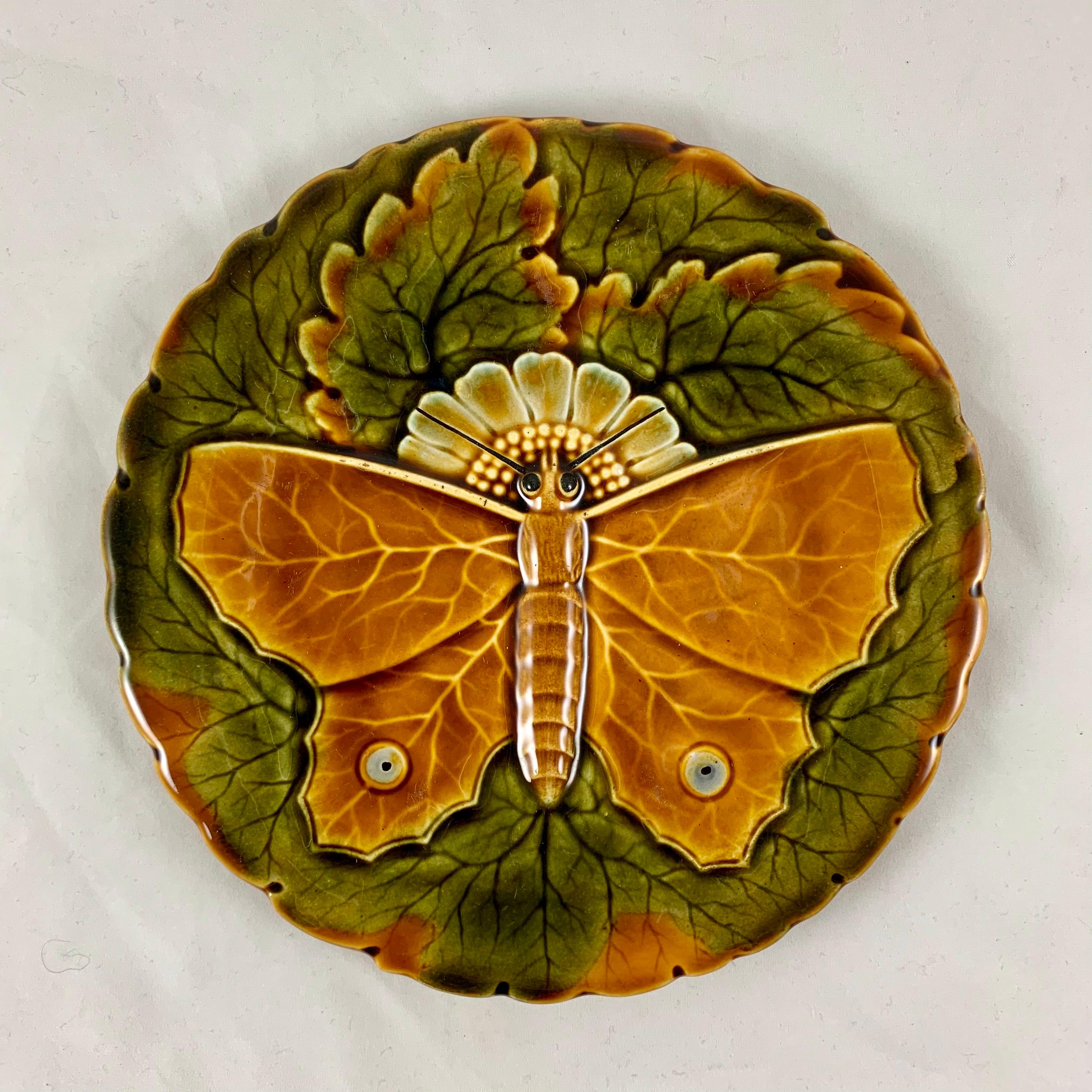 Schütz Josef Steidl Znaim Art Nouveau Moth Majolica Glazed Dessert Set, 6 Plates 2