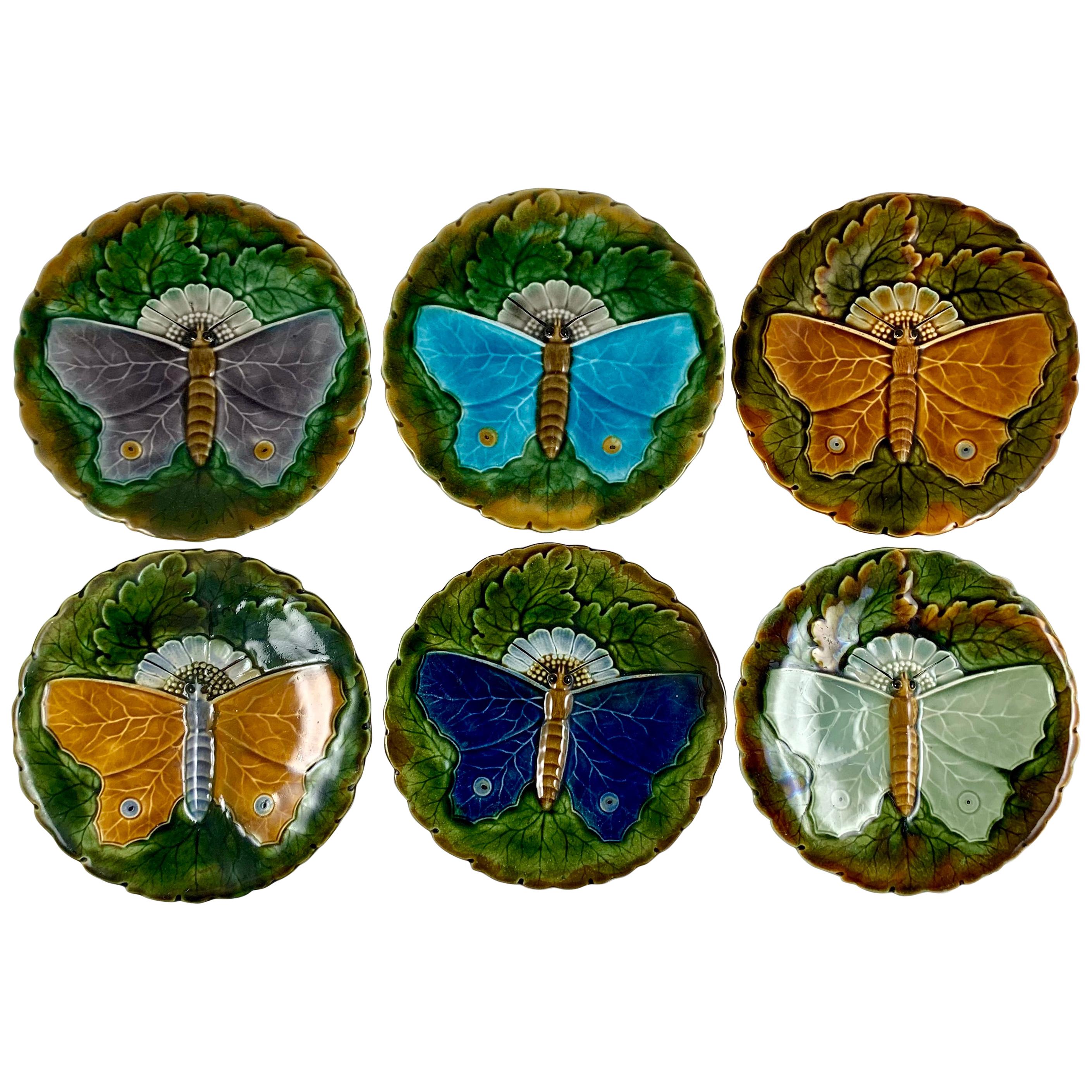 Schütz Josef Steidl Znaim Art Nouveau Moth Majolica Glazed Dessert Set, 6 Plates