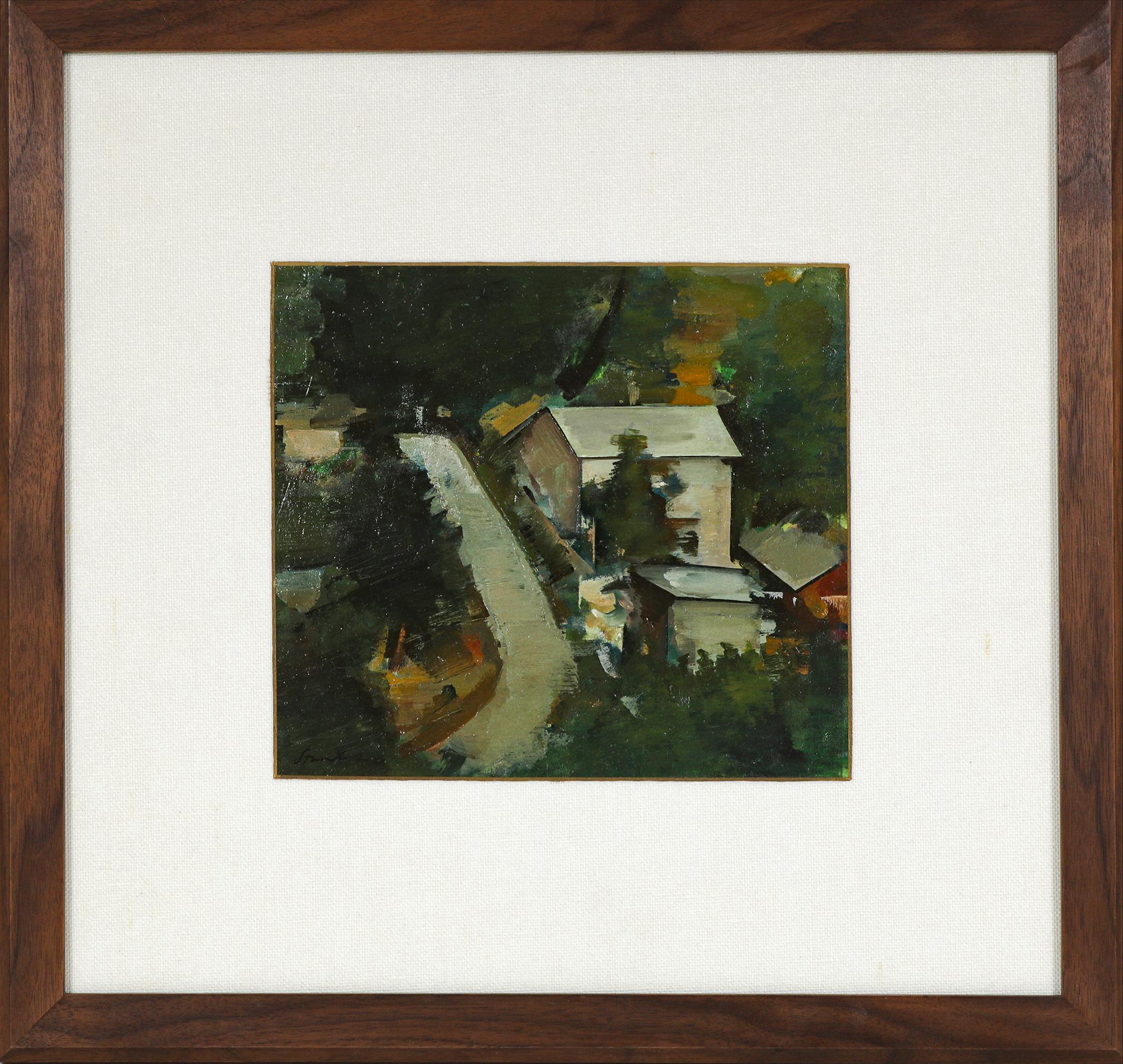 Schuyler Standish Landscape Painting - Abstracted City Scene 1954 Oil on Paper