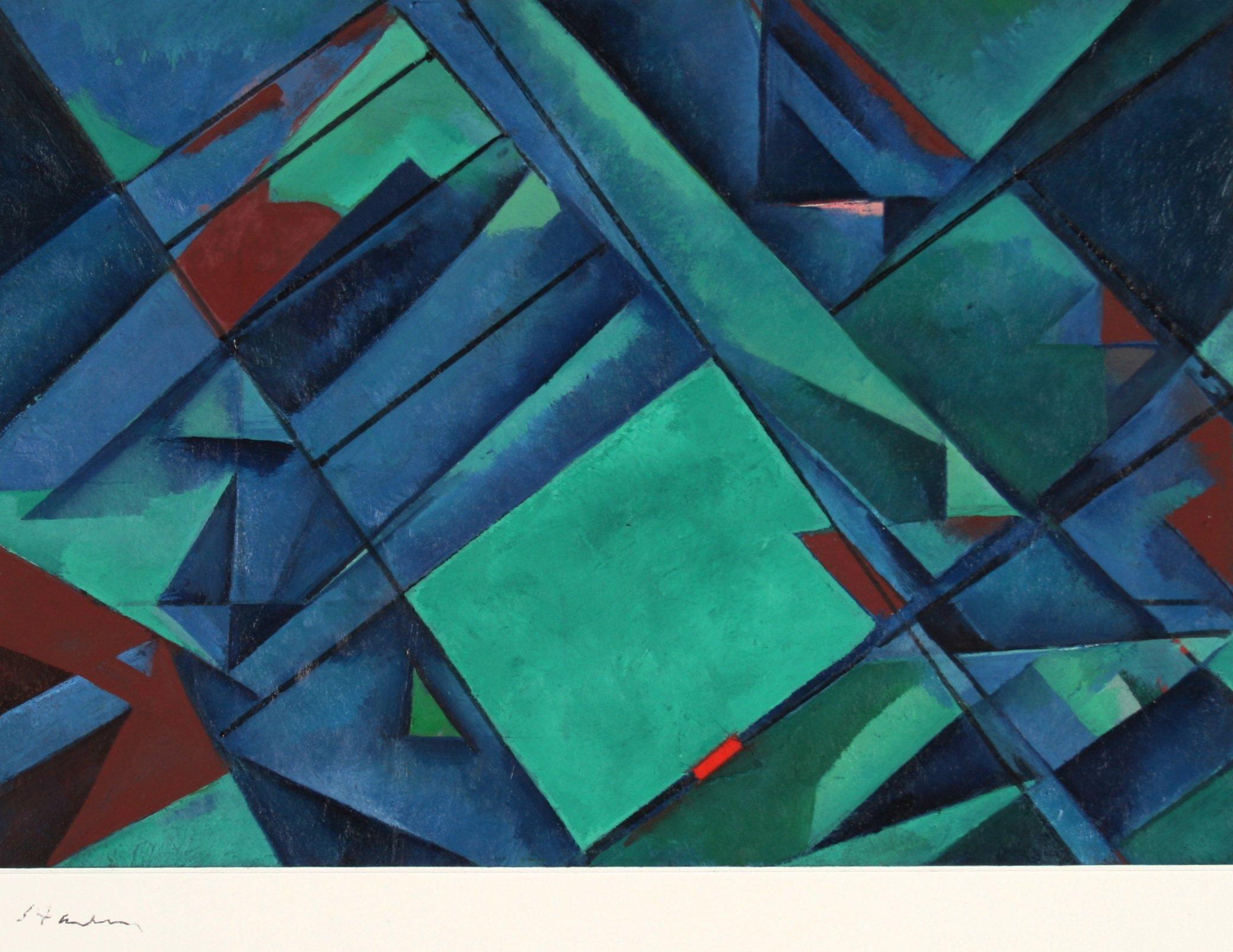Schuyler Standish Abstract Painting - "Composition - Study" Late 20th Century Oil on Paper in Blue and Green