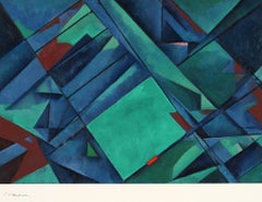 "Composition - Study" Late 20th Century Oil on Paper in Blue and Green