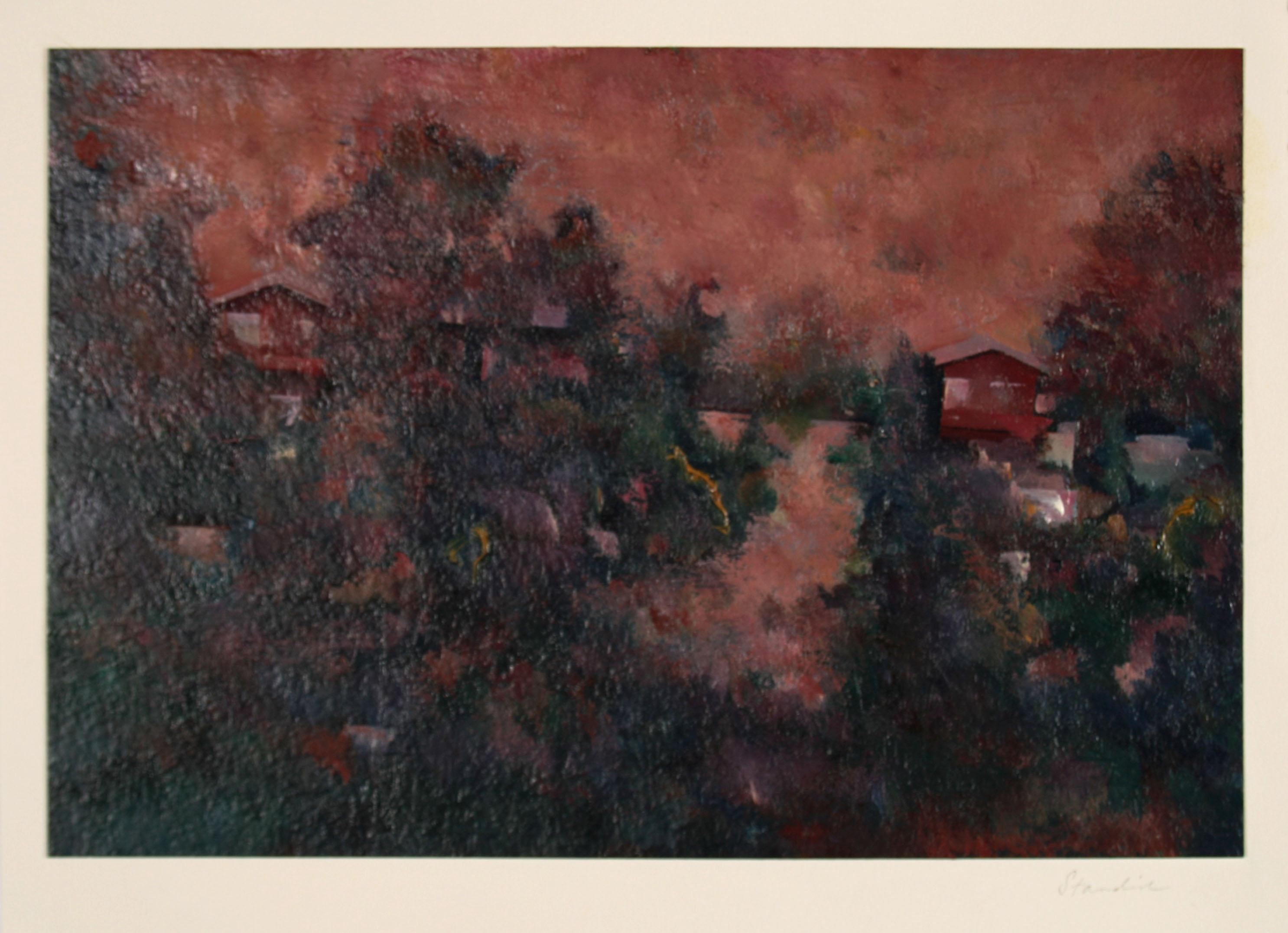 Schuyler Standish Landscape Painting - Jewel-Toned Abstracted LA Landscape 1983 Oil on Paper