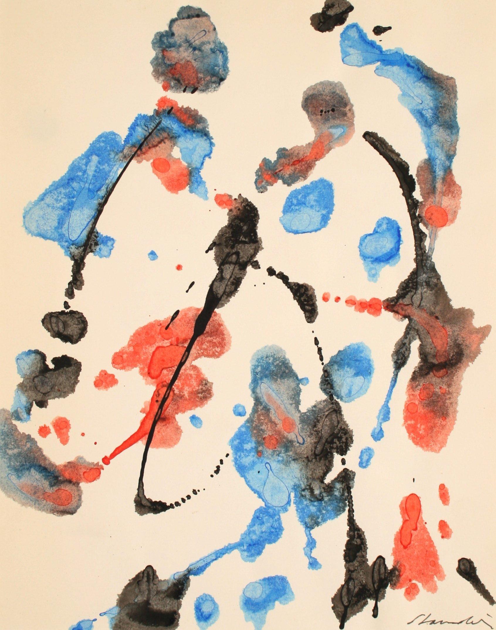 Red and Blue Abstract Late 20th Century Oil on Paper - Gray Abstract Painting by Schuyler Standish