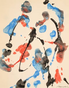 Red and Blue Abstract Late 20th Century Oil on Paper