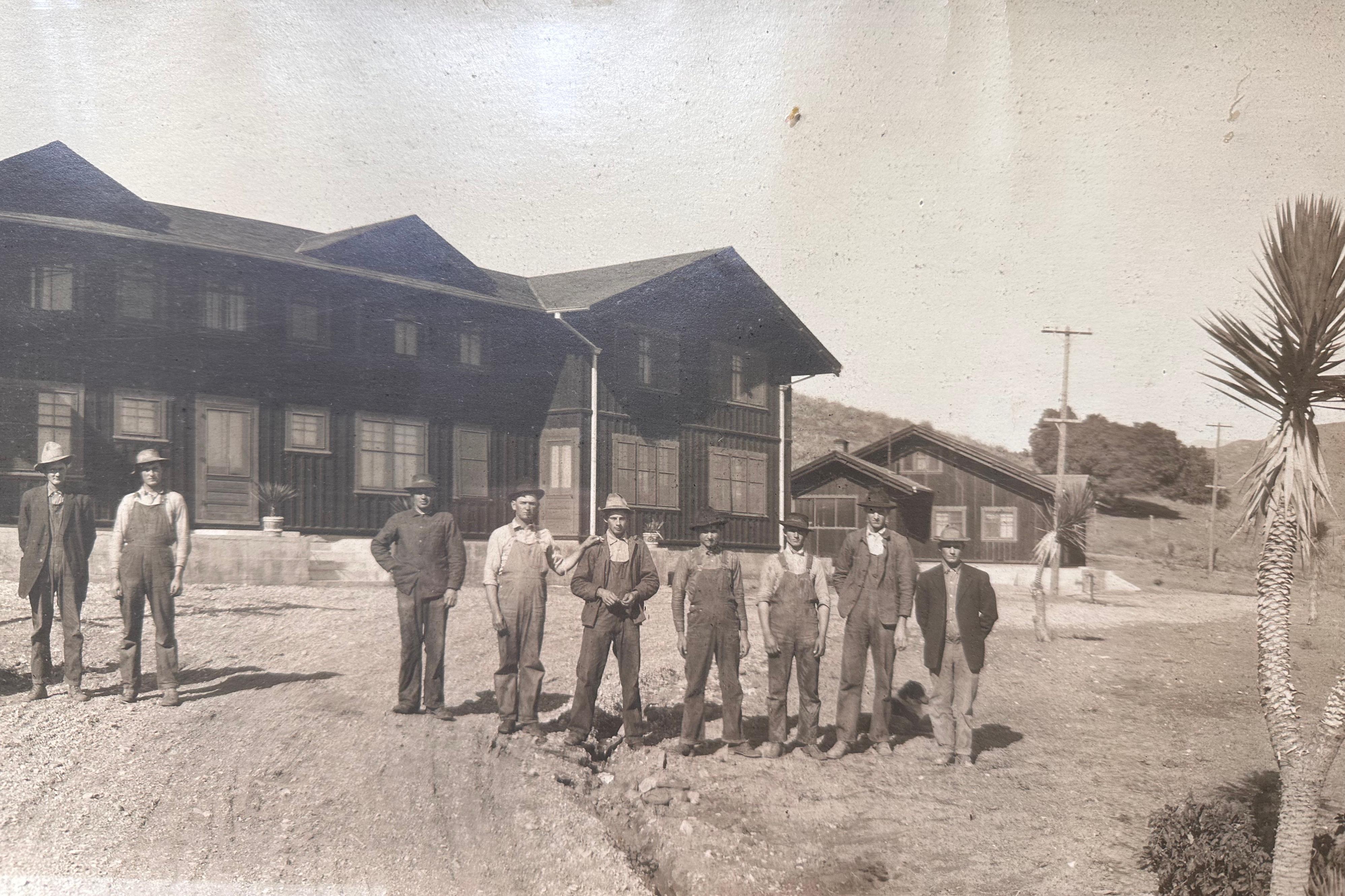 Schuyler U. Bunnell. Dormitory & Cottages, Olivelands Ranch, Santa Paula California, 1913. Period, antique photo. Paper measures 41.5 x 8 inches; 43.5 x 9.5 inches framed. Excellent condition. 