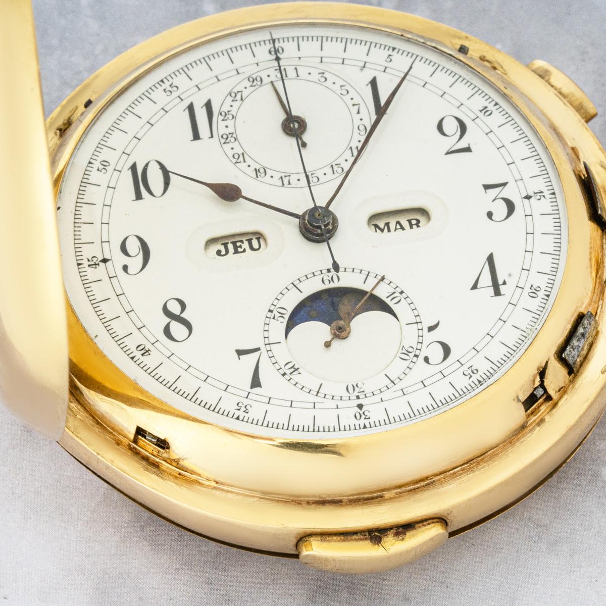Schwab Loeillet. A Gold Hunter Minute Repeater Calendar Chronograph Pocket watch For Sale 6