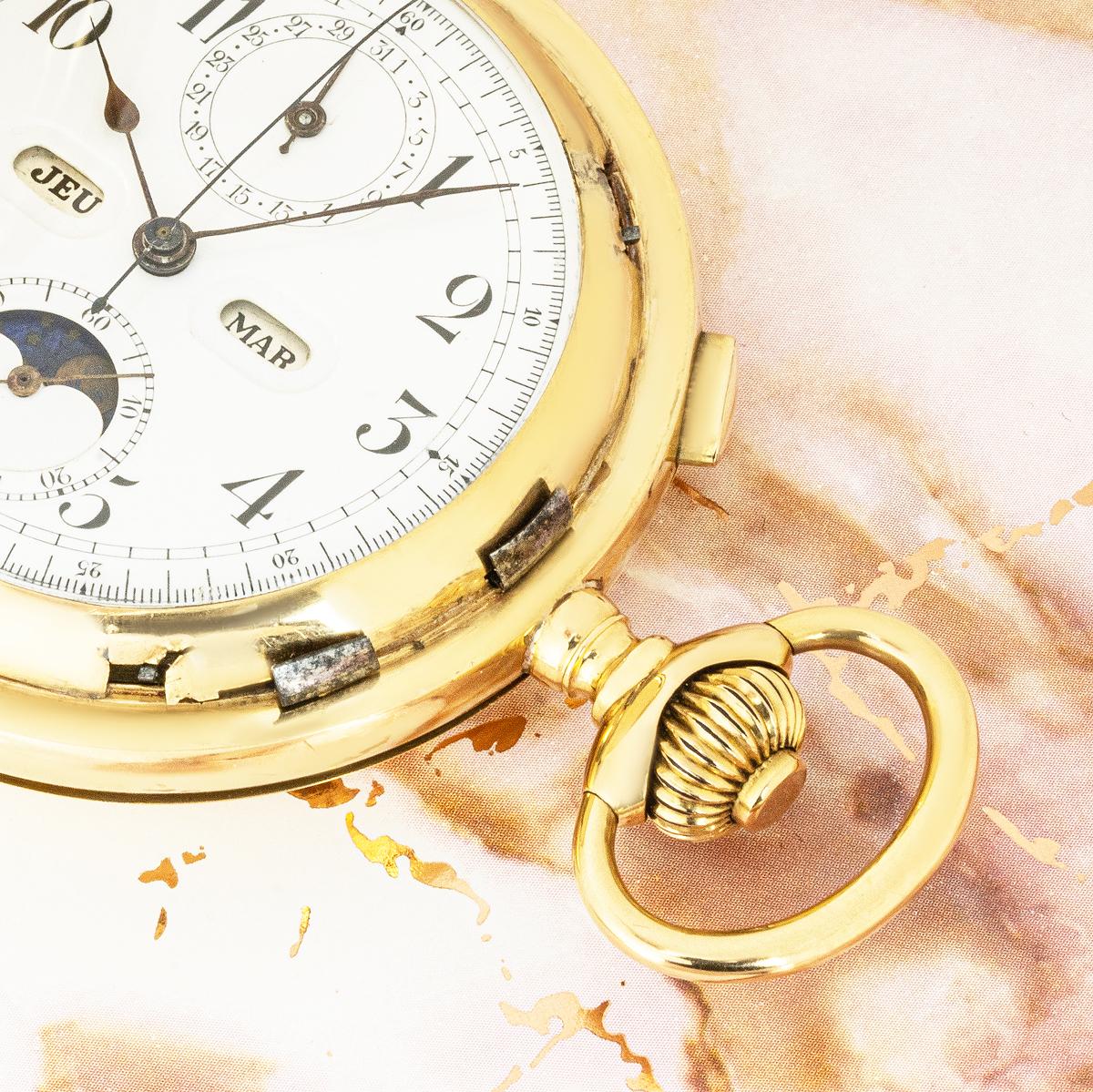 Schwab Loeillet Geneva. An 18ct Gold Hunter Keyless Lever Minute Repeater Calendar Chronograph Pocket watch C1890.


Dial: The perfect white enamel dial with Arabic numerals outer minute track, the subsidiary date dial located at twelve o'clock. The