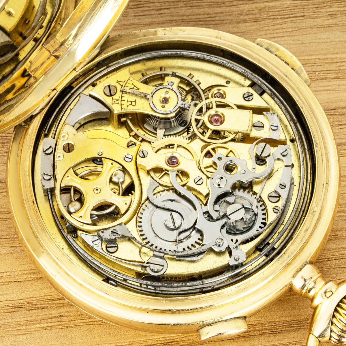 Schwab Loeillet. A Gold Hunter Minute Repeater Calendar Chronograph Pocket watch For Sale 2
