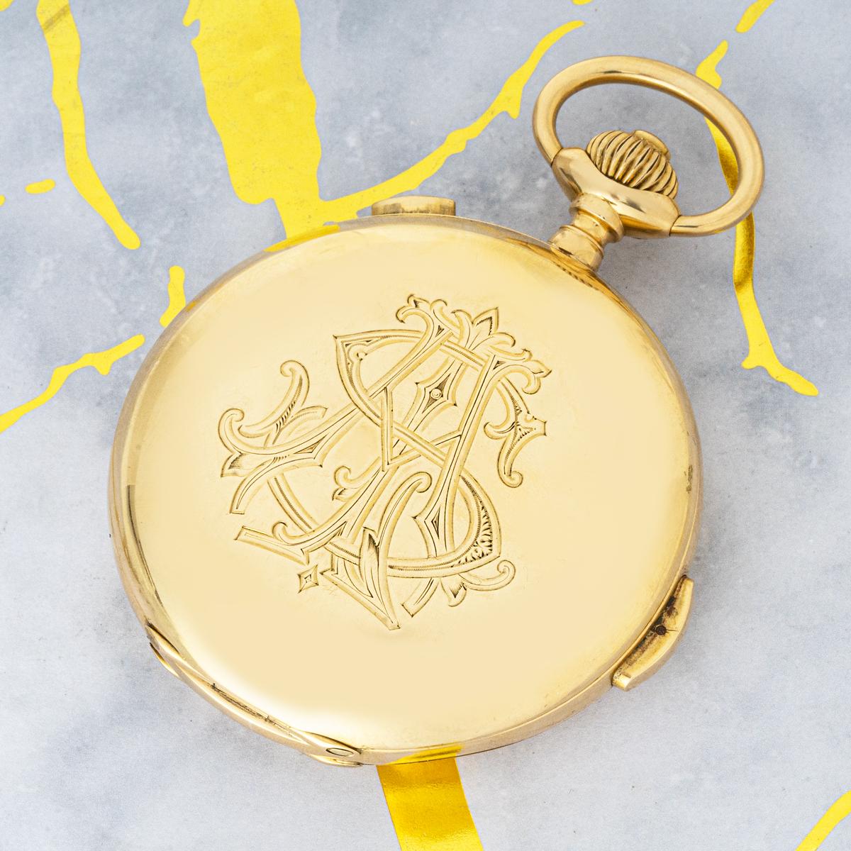 Schwab Loeillet. A Gold Hunter Minute Repeater Calendar Chronograph Pocket watch For Sale 4