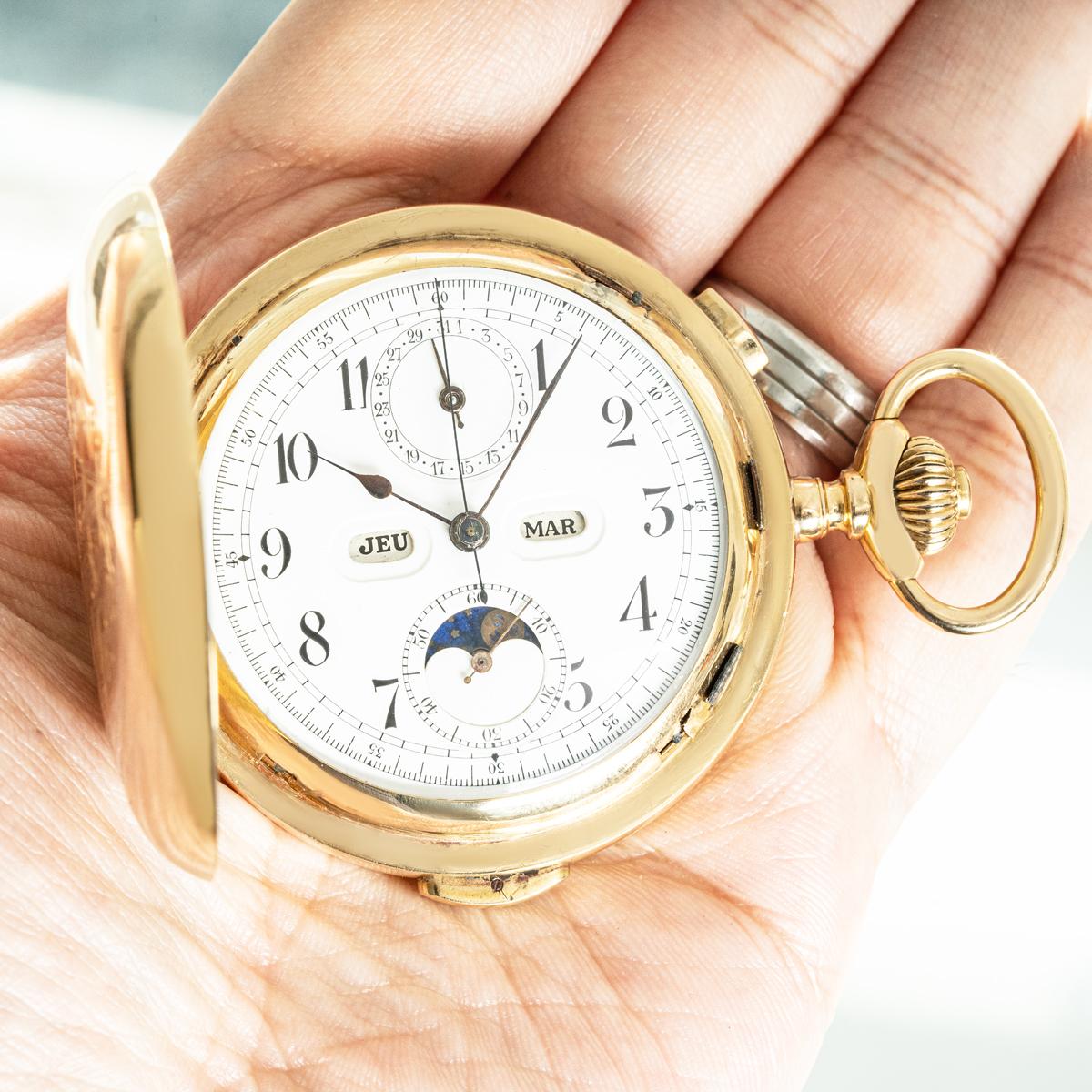 Schwab Loeillet. A Gold Hunter Minute Repeater Calendar Chronograph Pocket watch For Sale 5