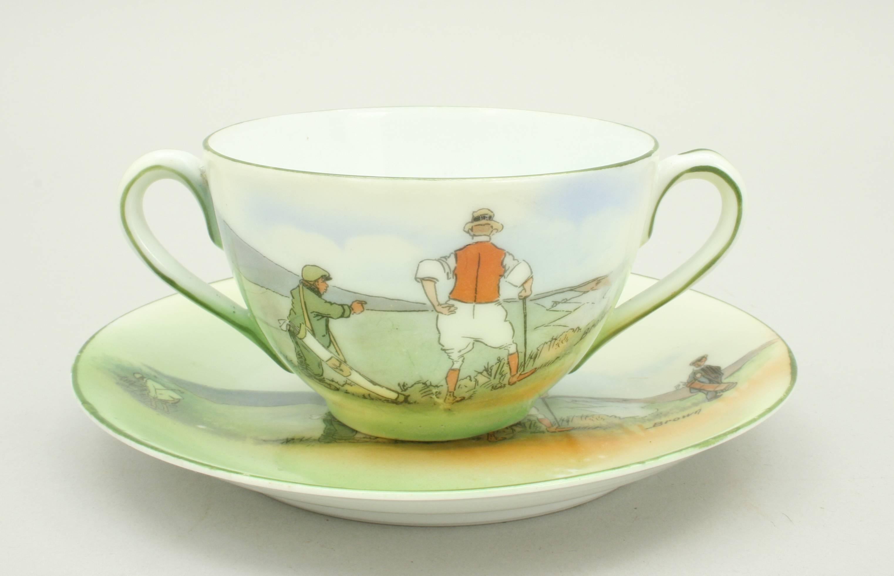 Schwarzburg golf porcelain tea set.
A group of four Schwarzburg porcelain pieces with golf scenes after Michael Brown. The set comprising of a bouillon cup with saucer, side plate and a dinner plate. The golf scenes are applied transfers with very