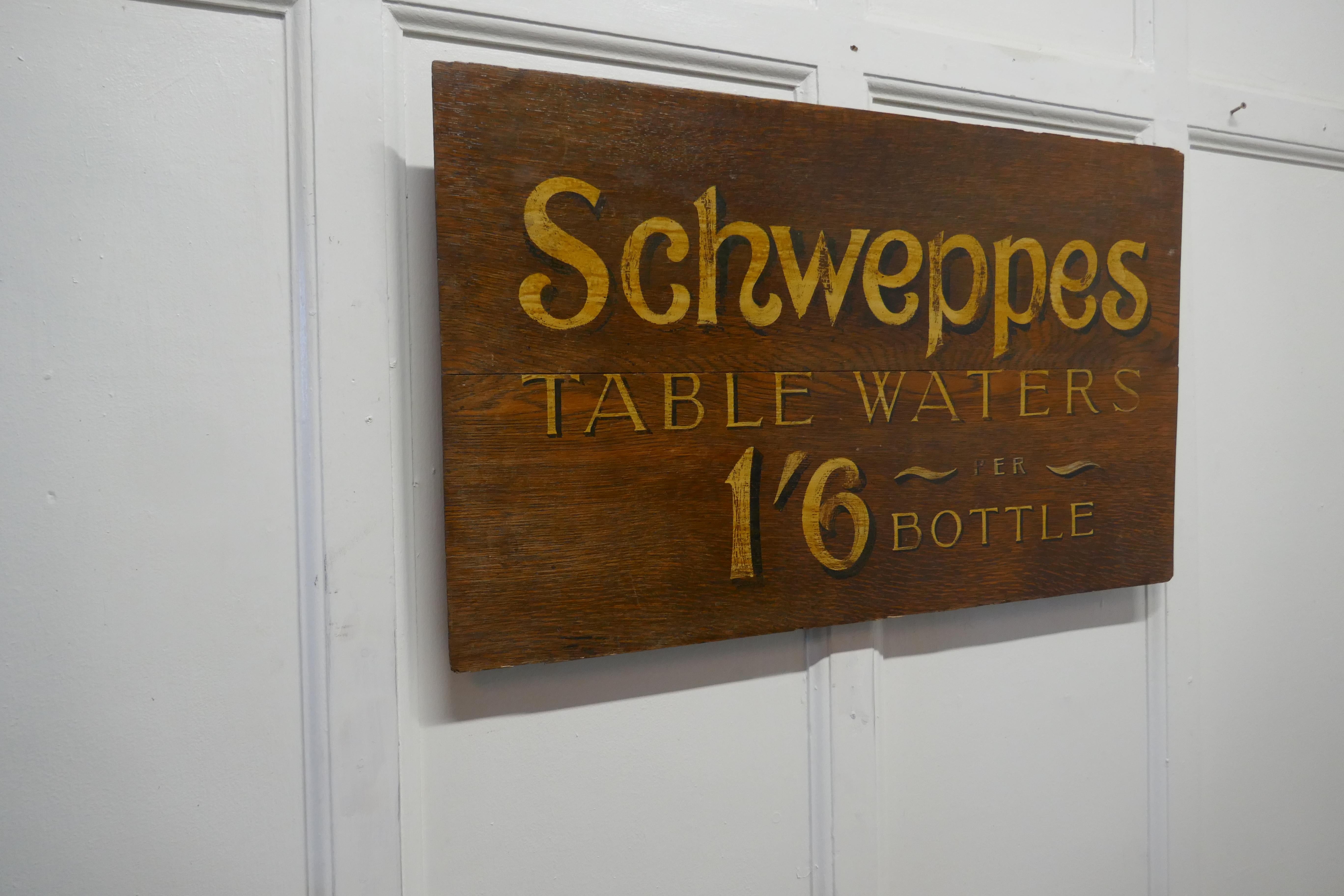 Arts and Crafts Schweppes Table Waters Oak Trade Sign Board For Sale