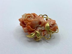 Sciacca Coral Brooch, Hand Carved and 18 Kt Gold