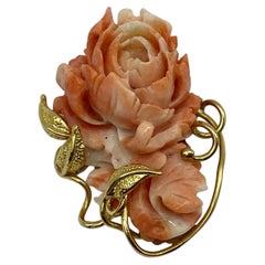 Sciacca Coral Brooch, Hand Carved and 18 Kt Gold