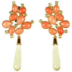 Sciacca Coral Peridot Gold Hand Made Pendant Drop Earrings
