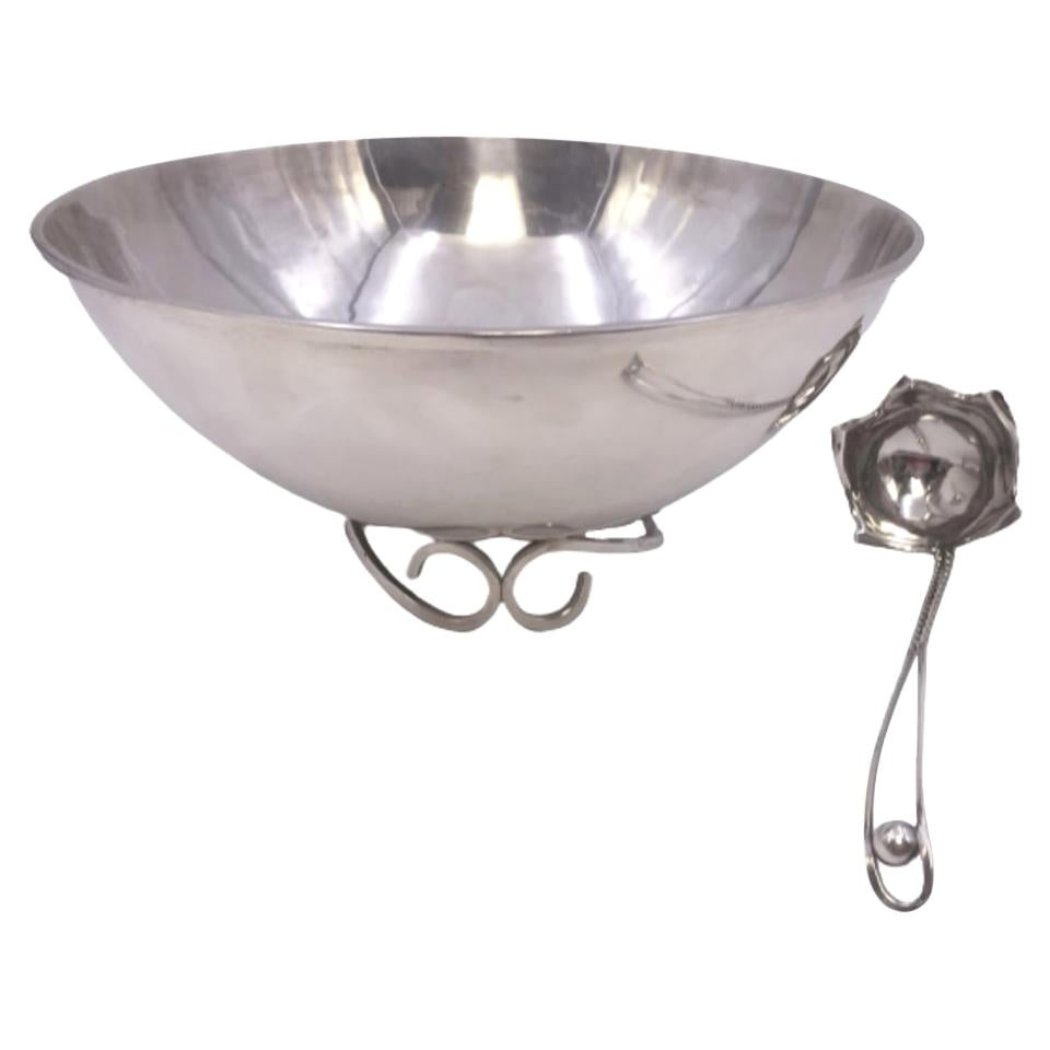 Ciotola da centrotavola con mestolo in argento Sterling Sciarrotta, stile metà secolo moderno