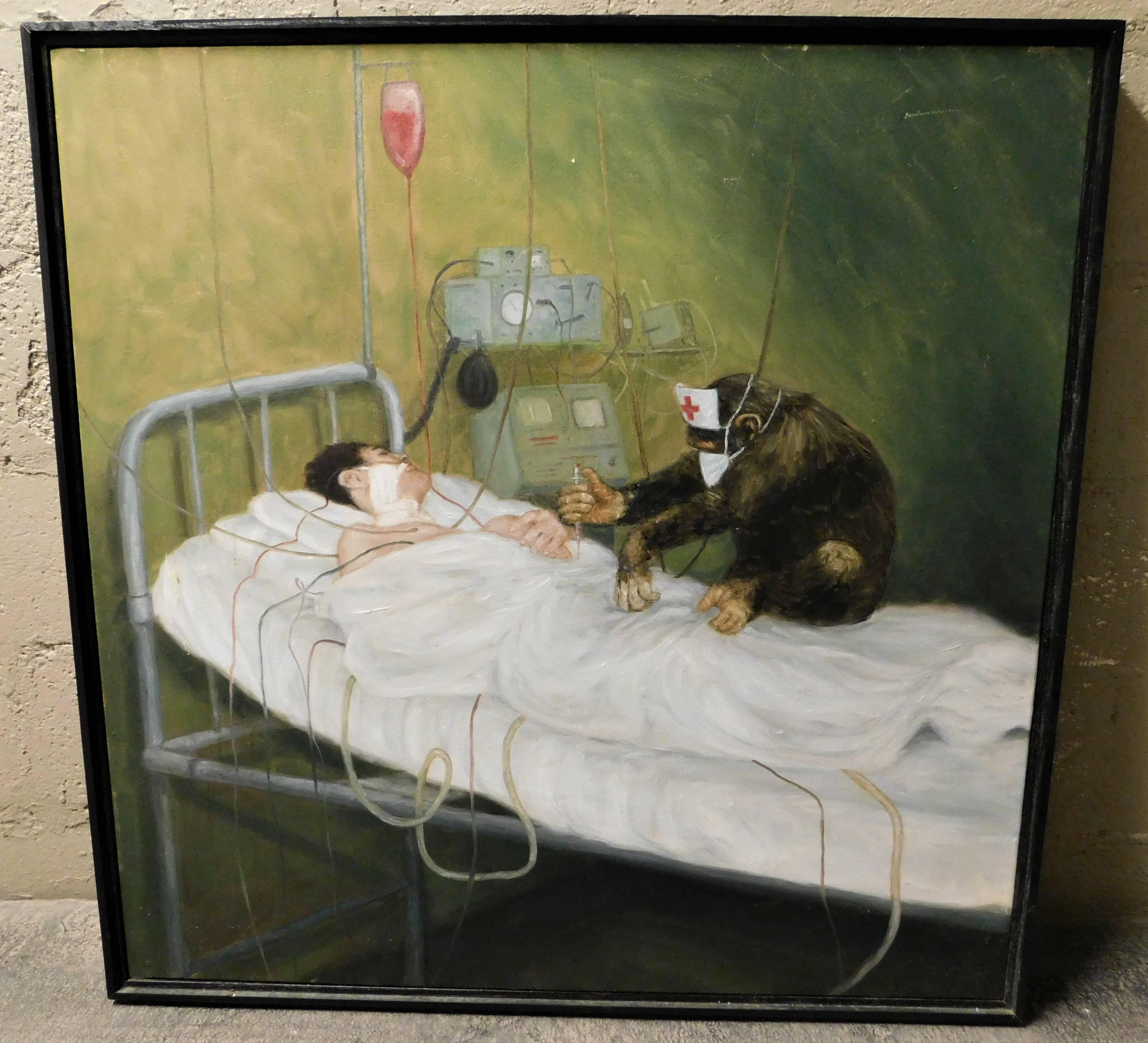 Peinture à l'huile originale sur toile des années 1950 représentant un singe infirmier soignant un patient dans un lit d'hôpital. La peinture est d'un artiste inconnu car elle n'est pas signée. Elle date des années 1950 et était peut-être une