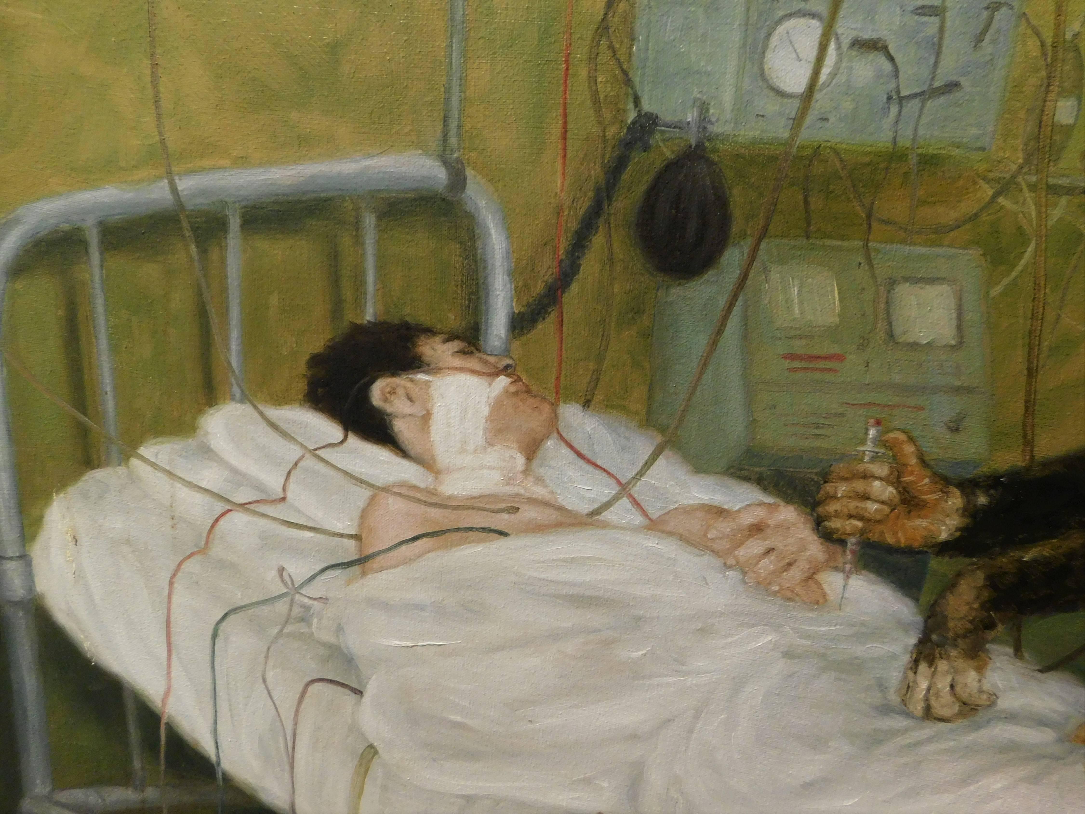 Peinture de science-fiction avec un patient en train de soigner un singe Bon état - En vente à Hamilton, Ontario