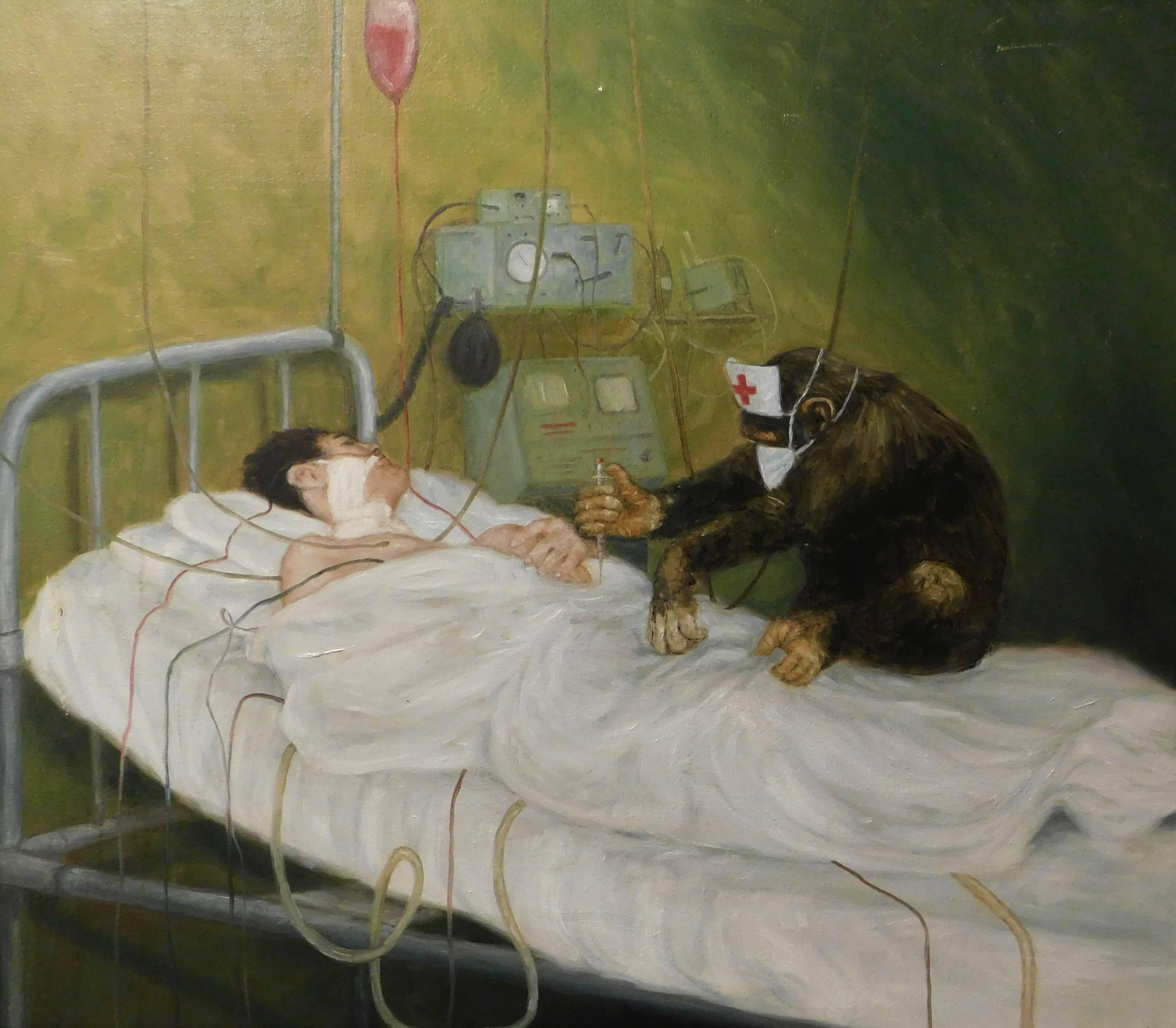 Science Fiction Painting with Monkey Nurse Treating Patient In Good Condition For Sale In Hamilton, Ontario