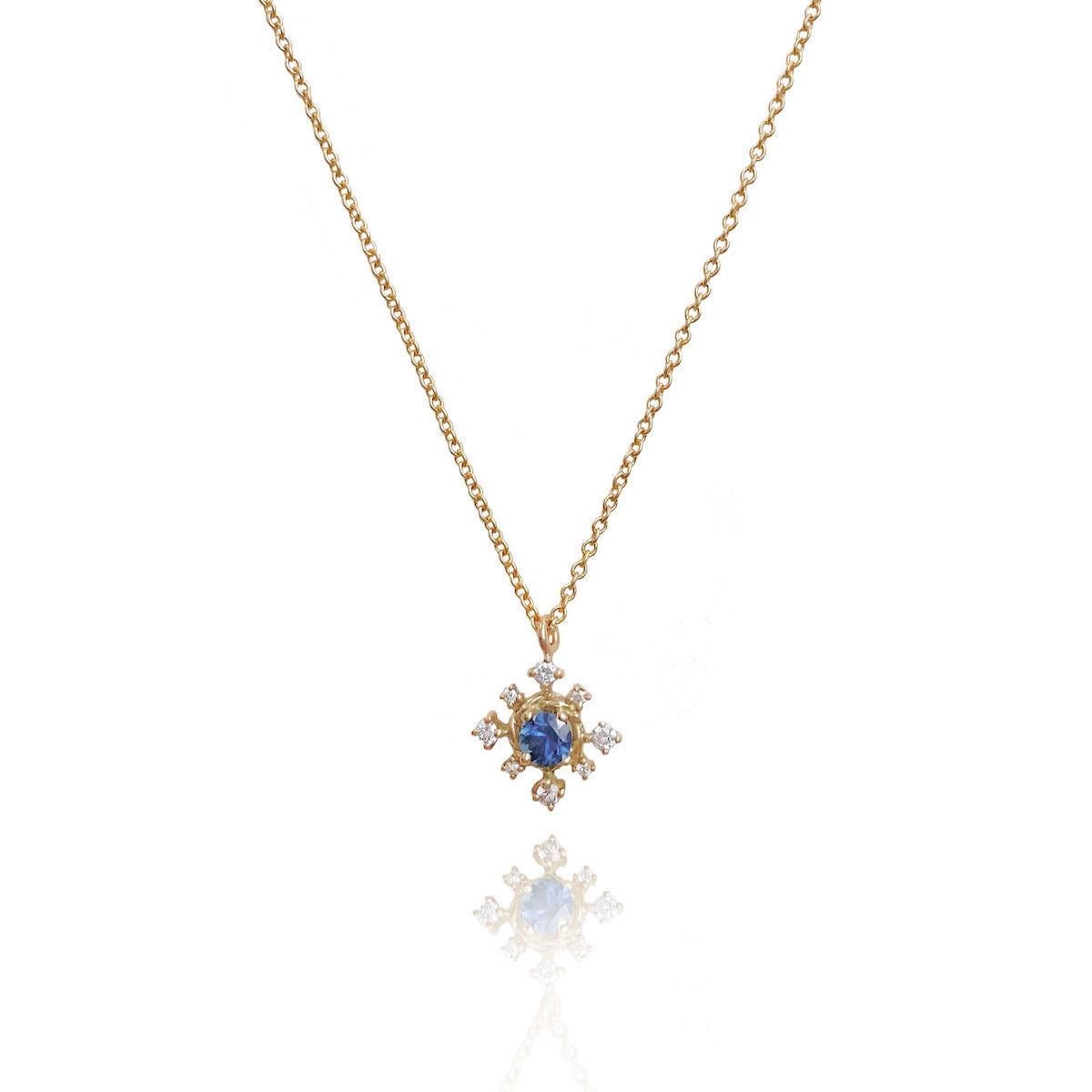 Round Cut Scilla Blue Sapphire and Diamond Star Drop Pendant Necklace 18 Karat For Sale