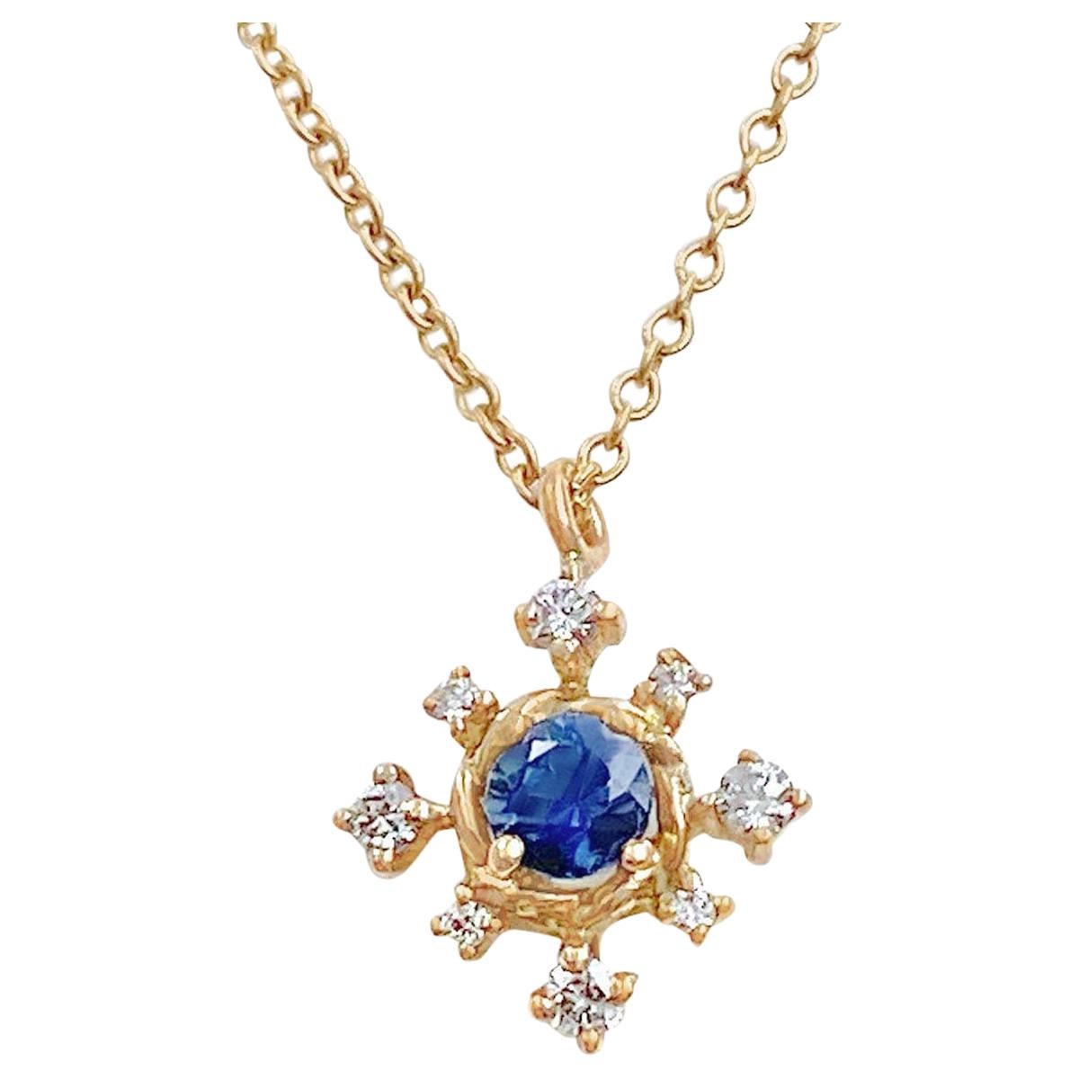 Scilla Blue Sapphire and Diamond Star Drop Pendant Necklace 18 Karat For Sale