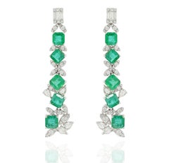 Scintillating 14K White Gold 7.43 ct Emerald Diamond Long Dangle Earrings