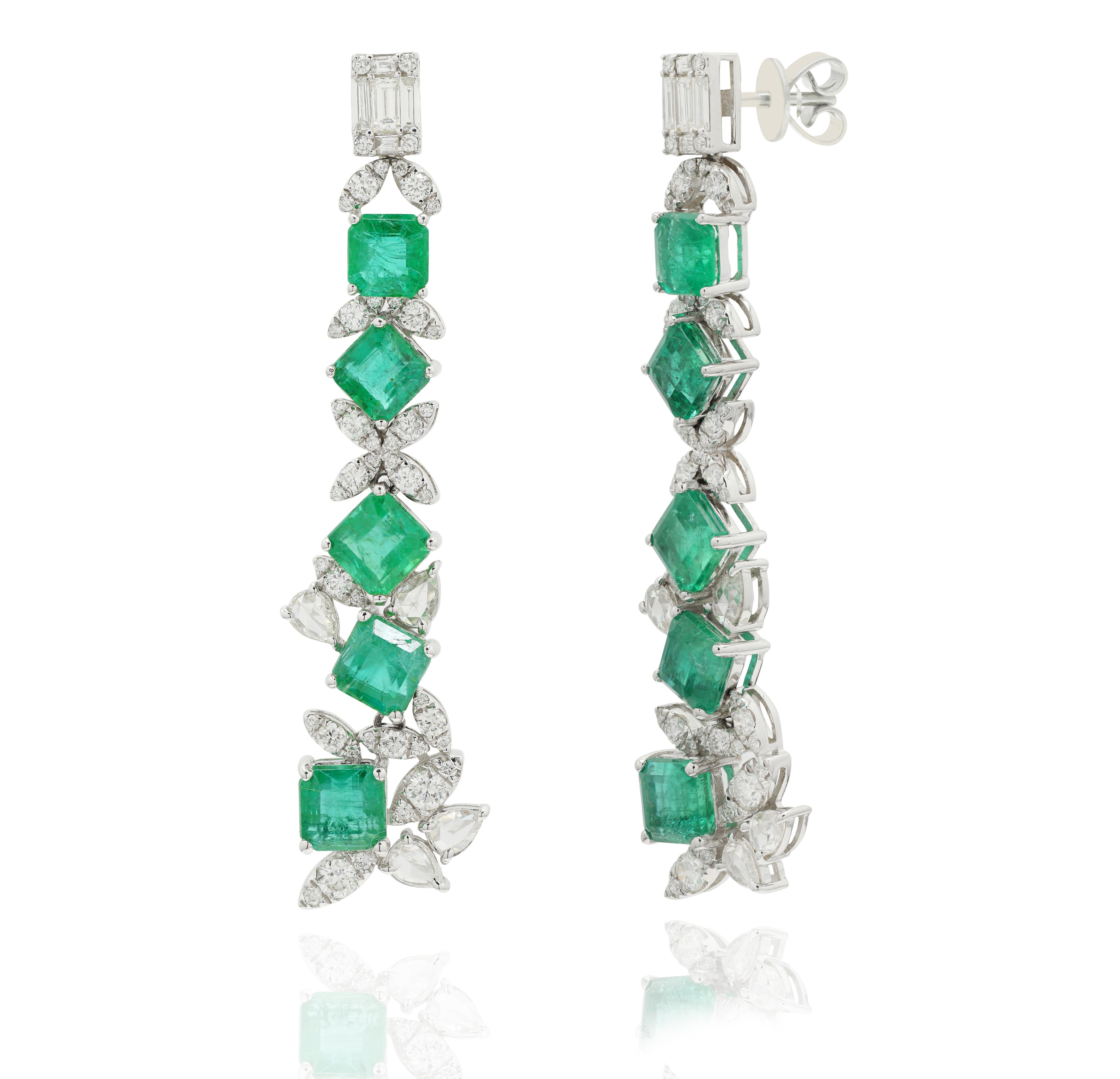 Artisan Scintillating 14K White Gold 7.43 ct Emerald Diamond Long Dangle Earrings For Sale