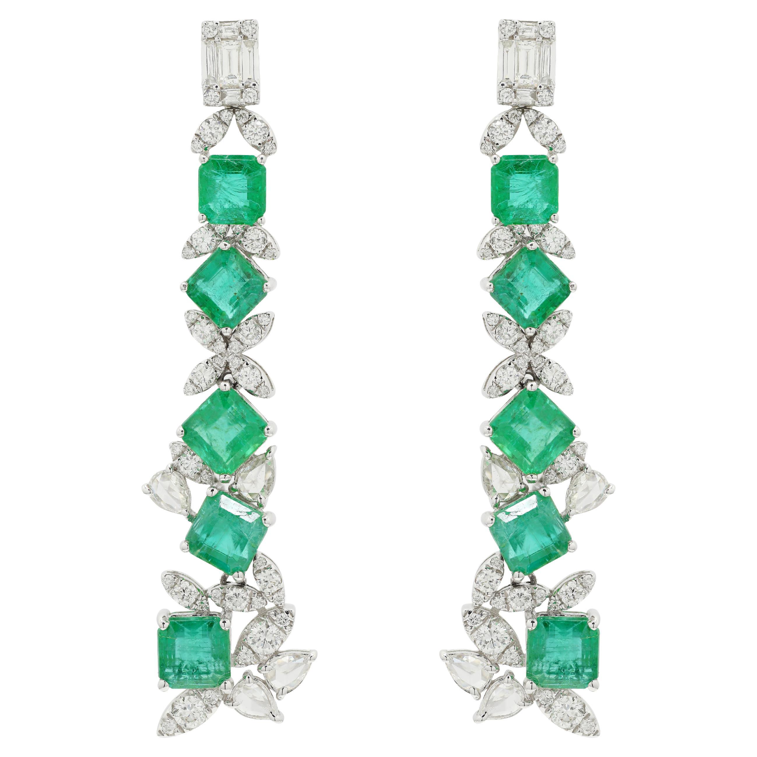 Scintillating 14K White Gold 7.43 ct Emerald Diamond Long Dangle Earrings For Sale