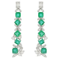 Scintillating 14K White Gold 7.43 ct Emerald Diamond Long Dangle Earrings