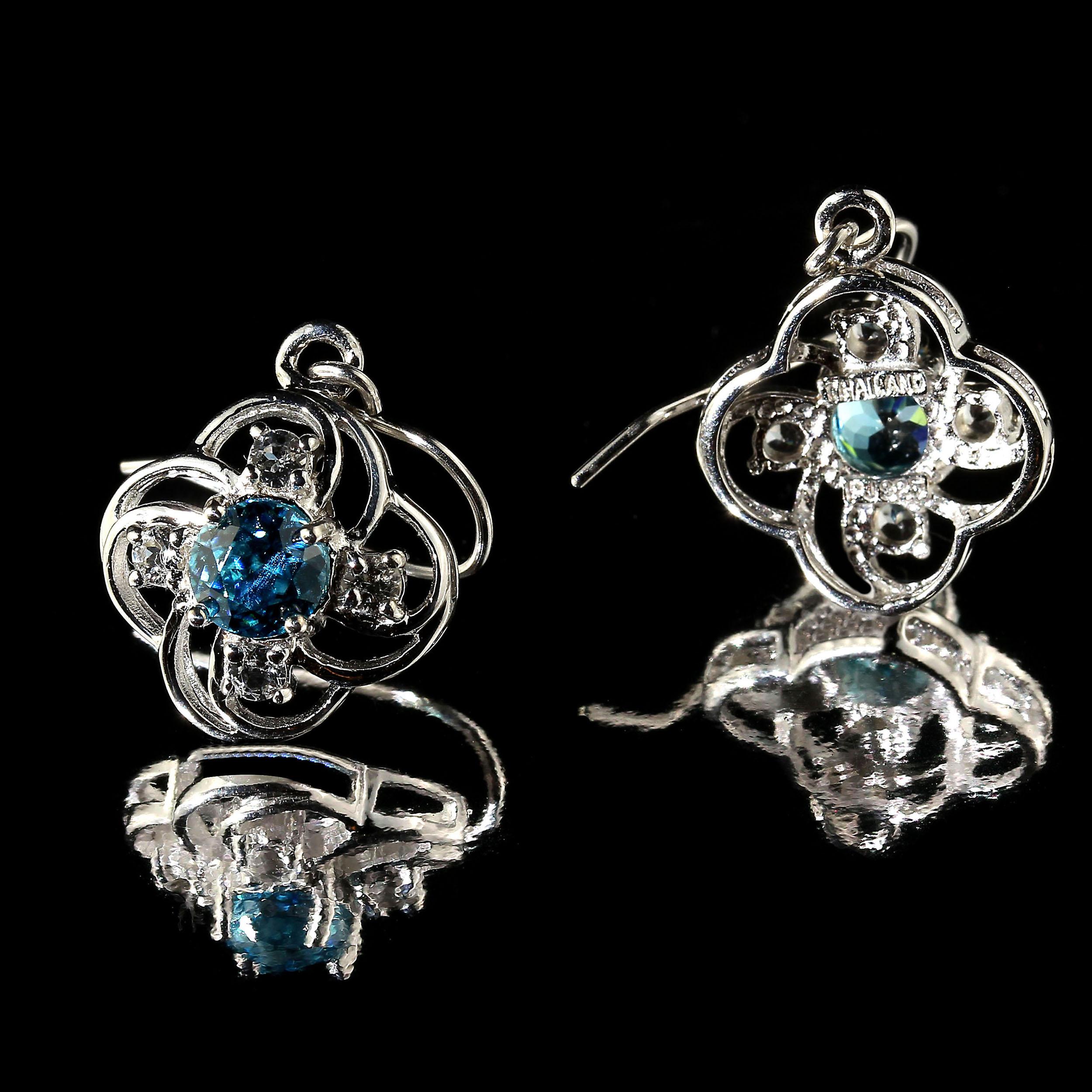 Gemjunky Scintillating Blue Cambodian Zircons in Delicate Silver Earring Baskets 2