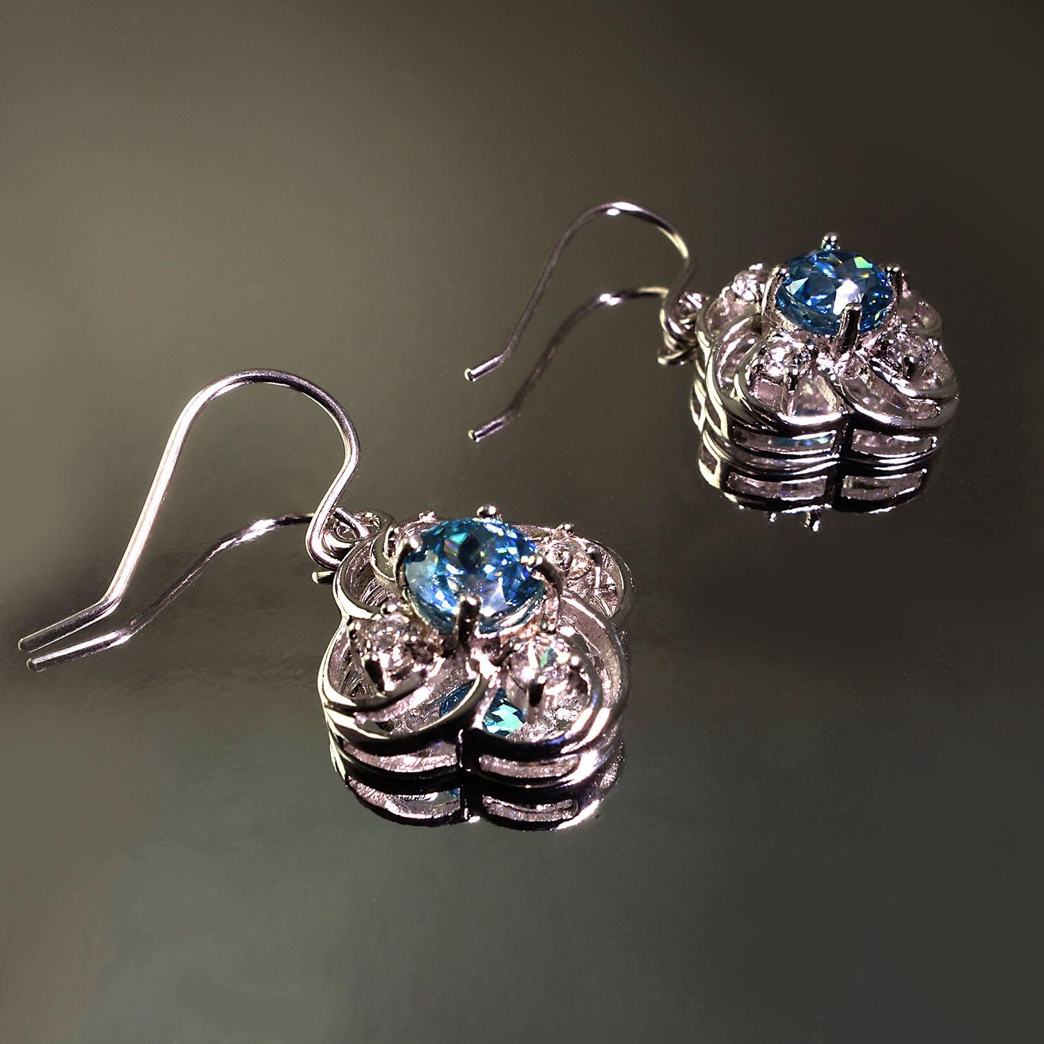 Women's or Men's Gemjunky Scintillating Blue Cambodian Zircons in Delicate Silver Earring Baskets