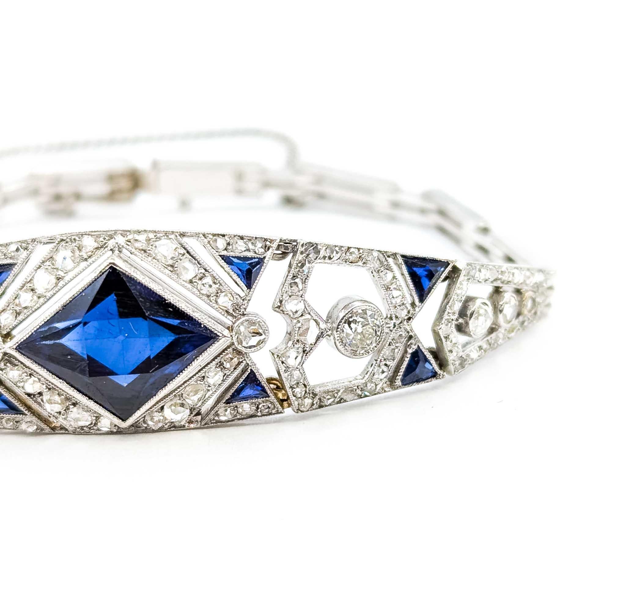 Art Deco Scintillating Diamond and Synthetic Sapphire Bracelet Crafted in 14k White Gold For Sale