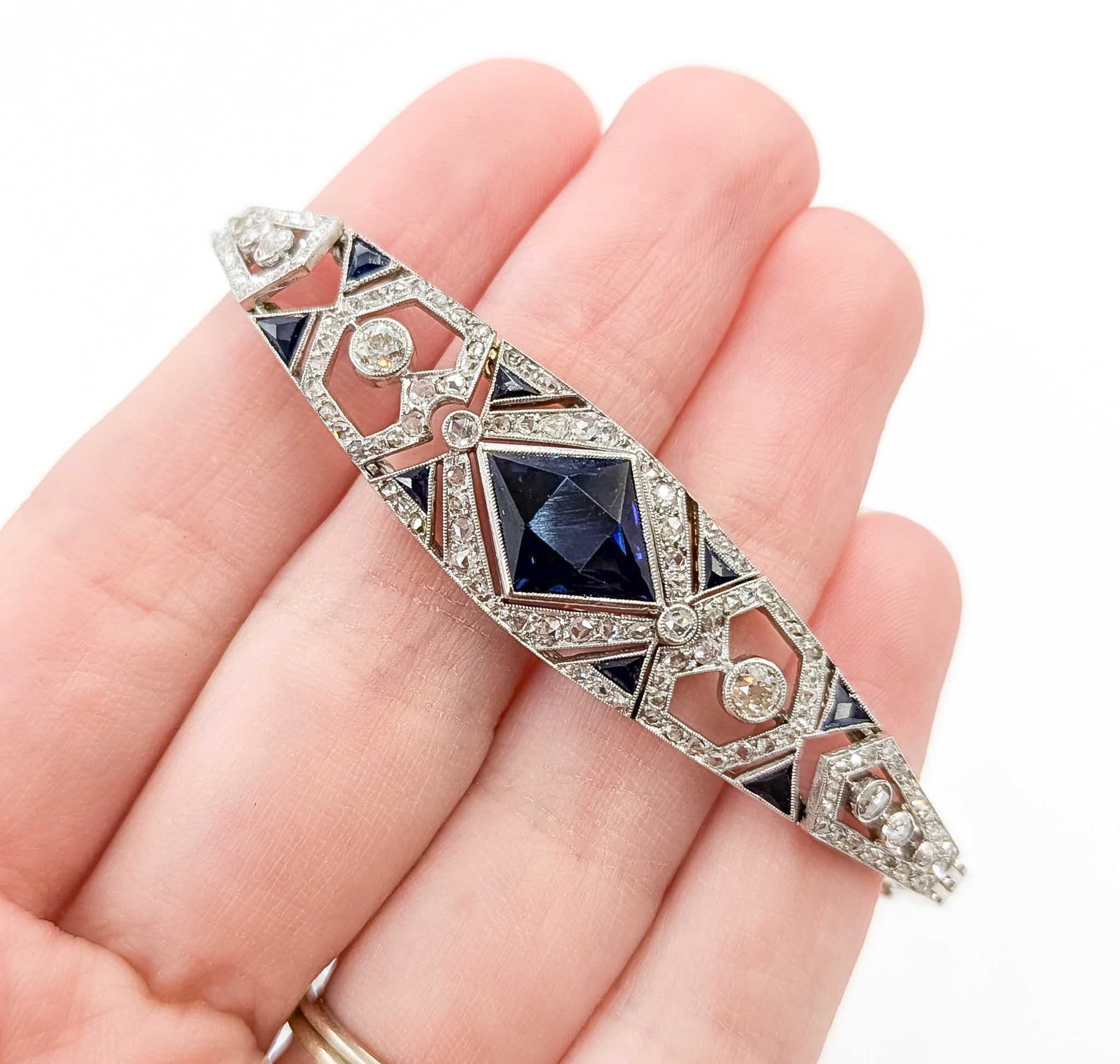 Old European Cut Scintillating Diamond and Synthetic Sapphire Bracelet Crafted in 14k White Gold For Sale