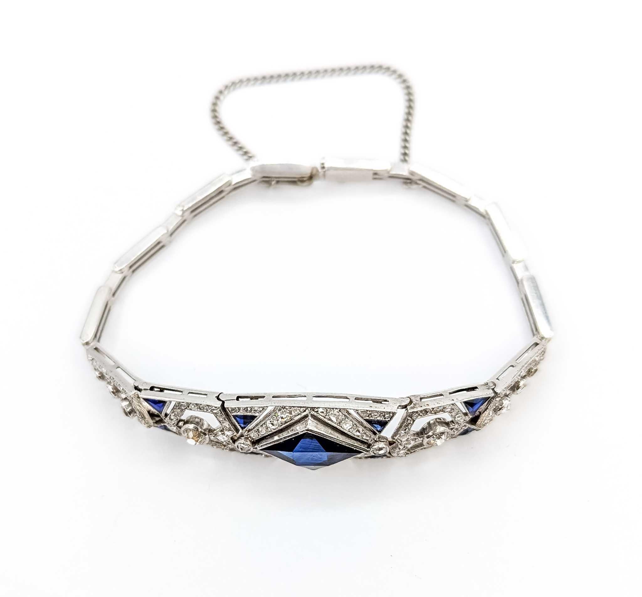 Scintillating Diamond and Synthetic Sapphire Bracelet Crafted in 14k White Gold For Sale 1