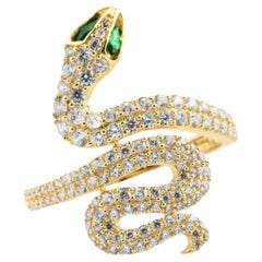 SALE! Scintillating Diamond & Emerald Snake Ring in 18 Karat Yellow Gold