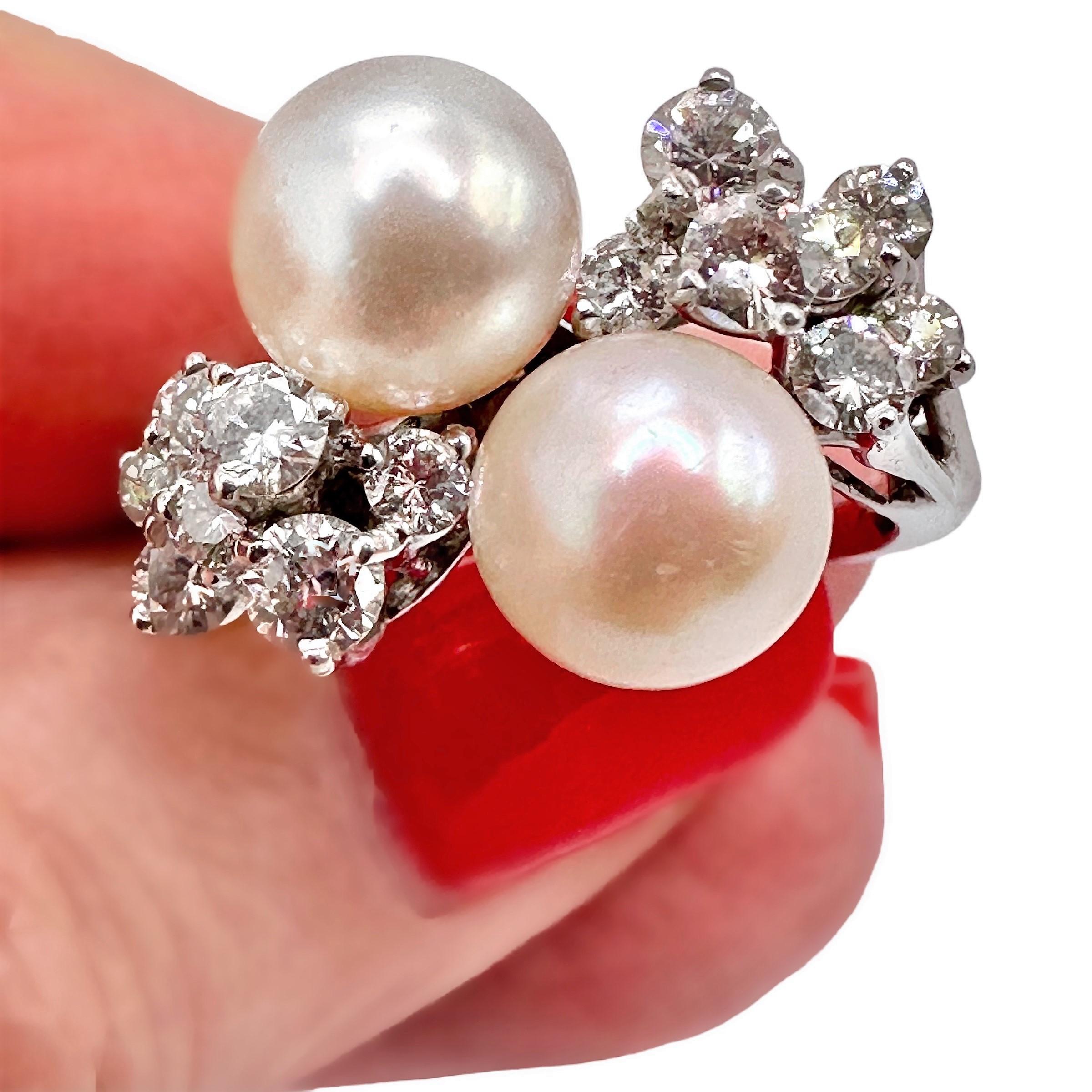 Scintillating Mid-20th Century White Gold Akoya Cultured Pearl and Diamond Ring 4