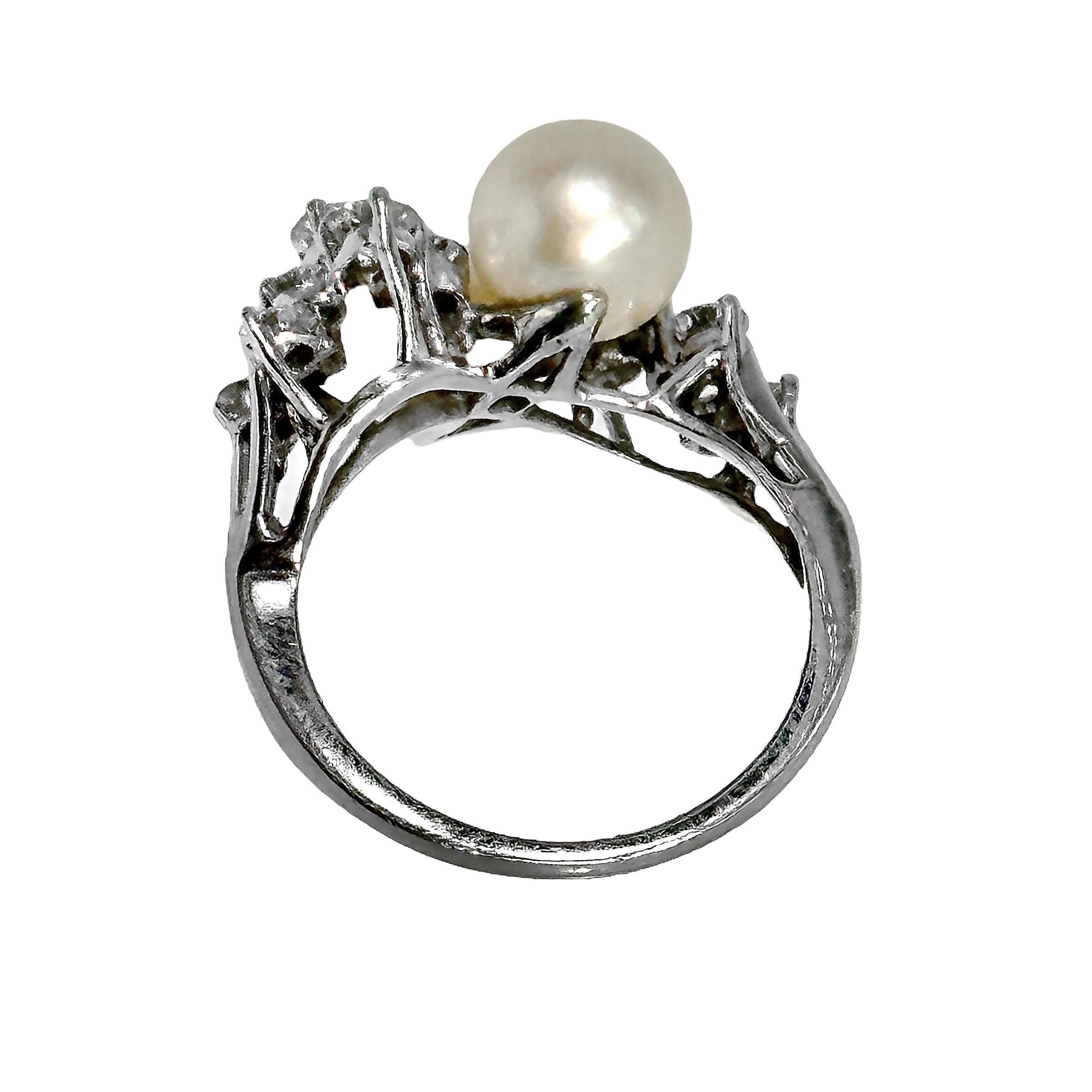 Modern Scintillating Mid-20th Century White Gold Akoya Cultured Pearl and Diamond Ring