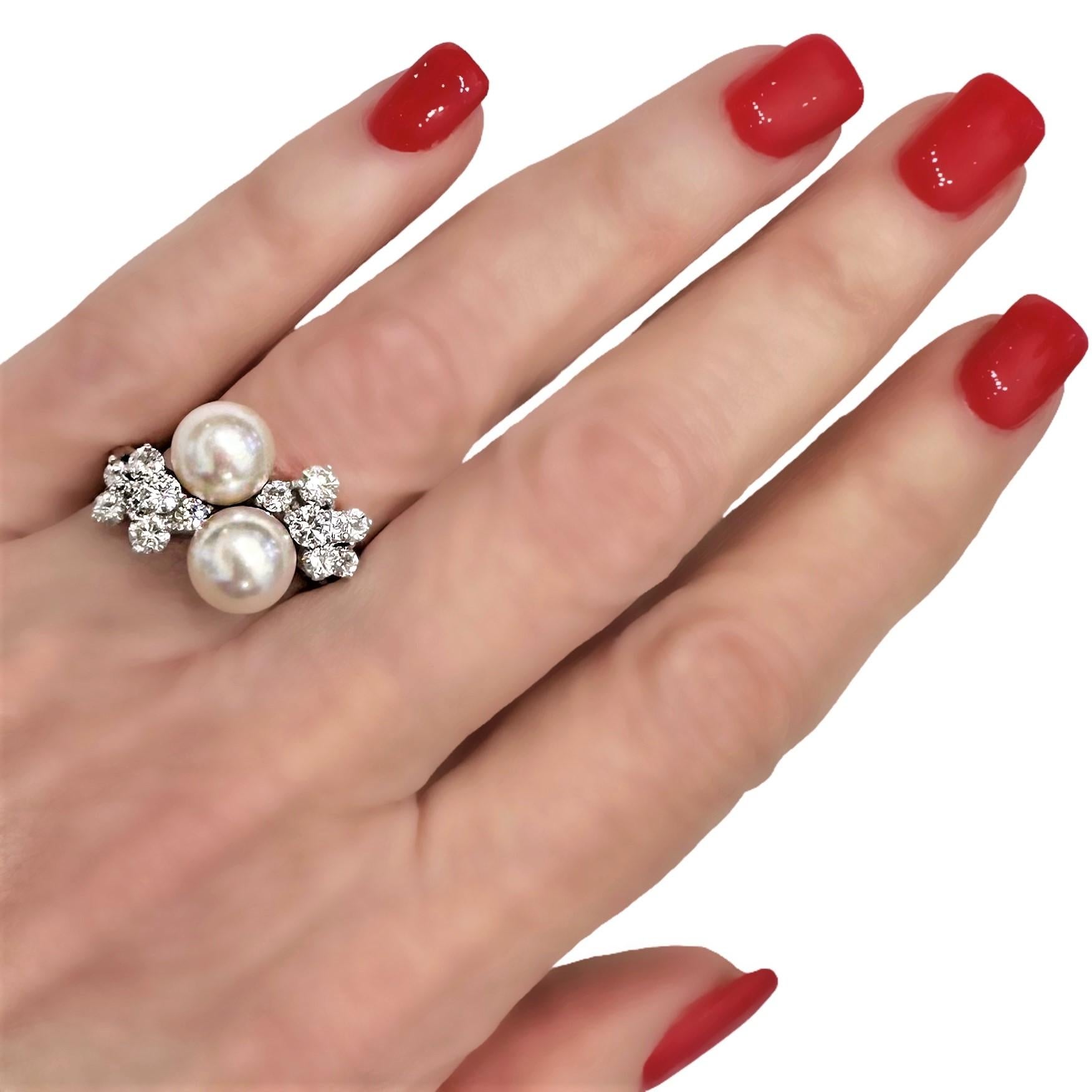 Scintillating Mid-20th Century White Gold Akoya Cultured Pearl and Diamond Ring 1