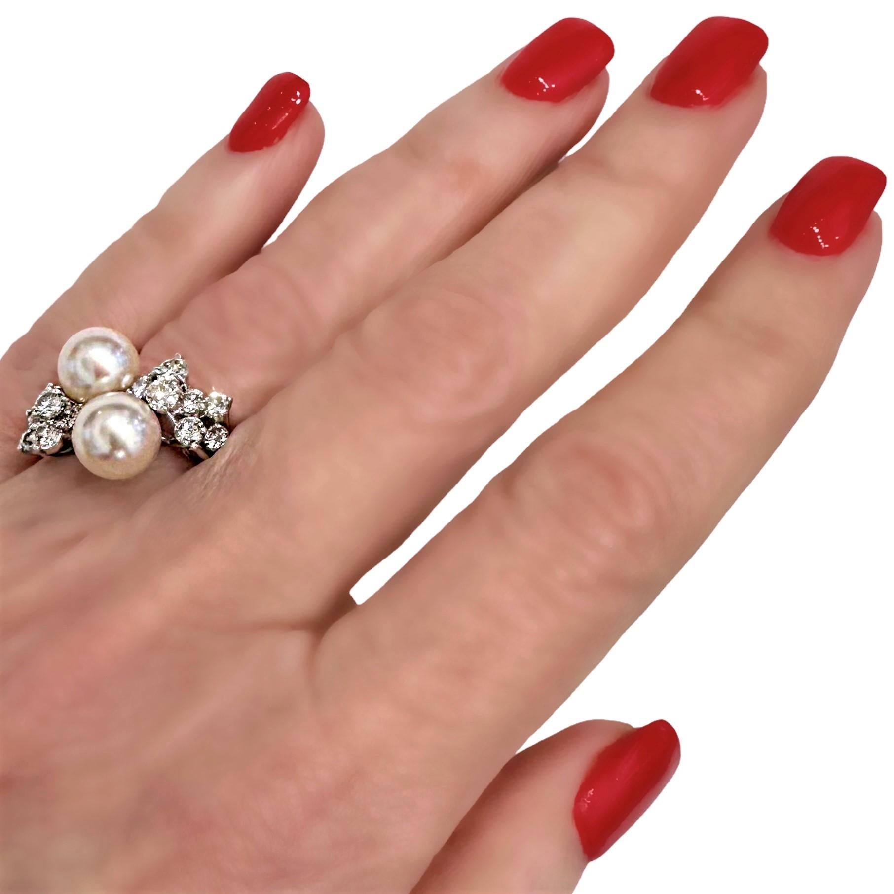Scintillating Mid-20th Century White Gold Akoya Cultured Pearl and Diamond Ring 2