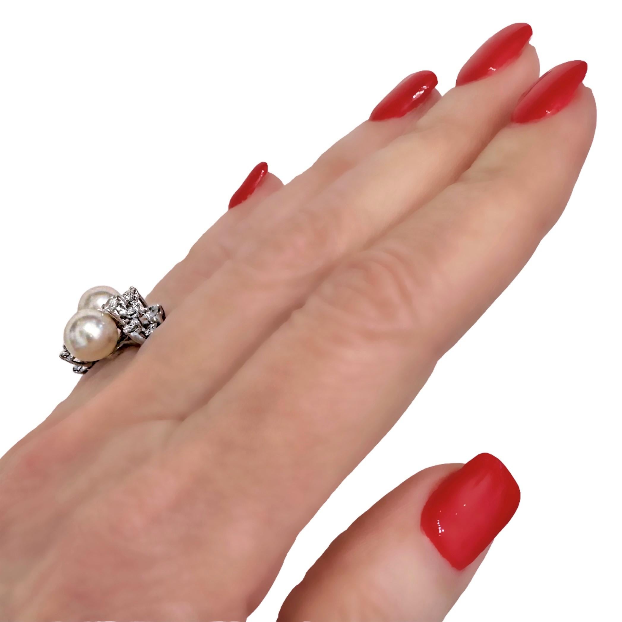 Scintillating Mid-20th Century White Gold Akoya Cultured Pearl and Diamond Ring 3