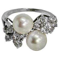 Scintillating Mid-20th Century White Gold Akoya Cultured Pearl and Diamond Ring
