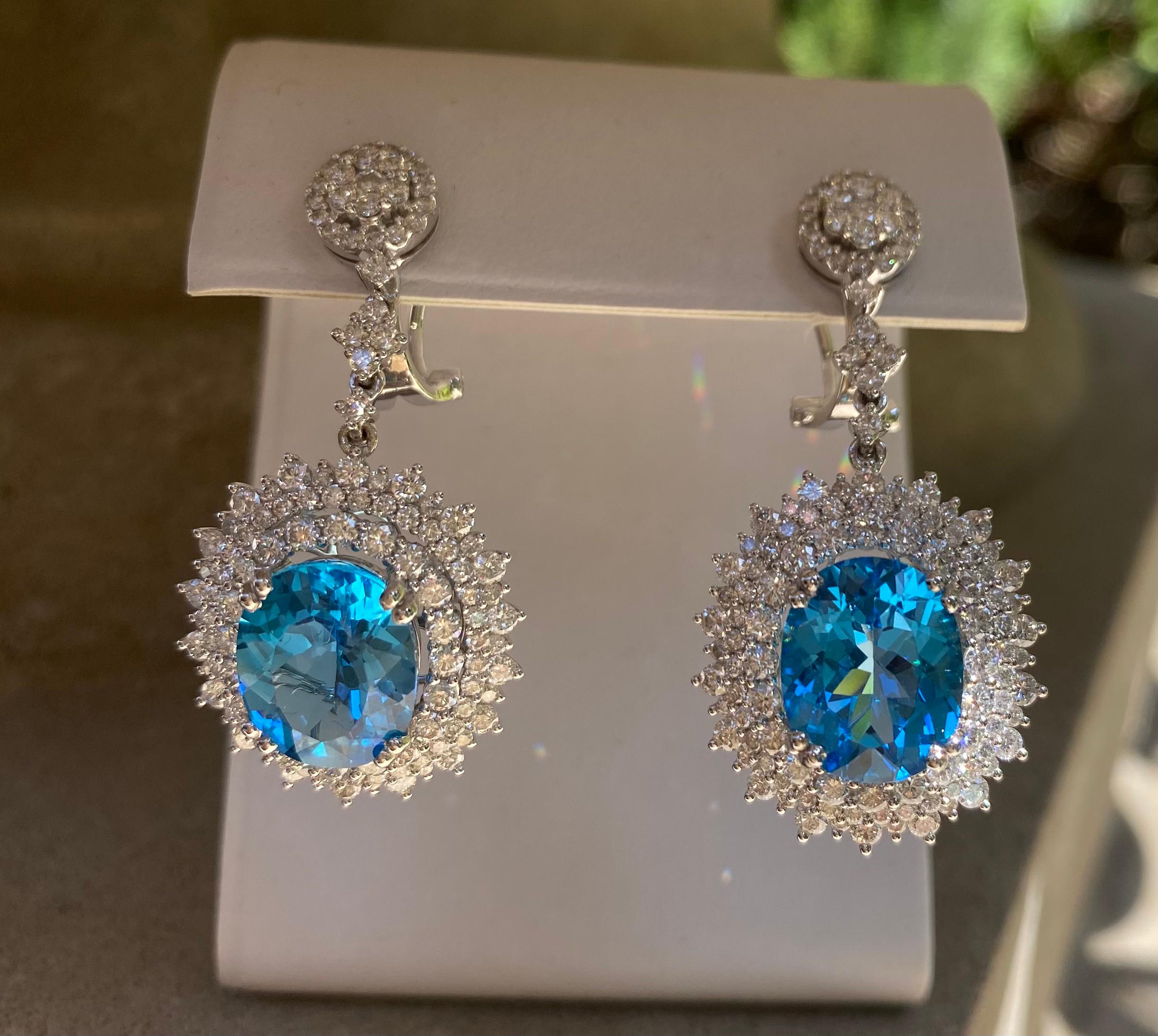 Contemporary Scintillating Pair of 16.34 Carat Vivid Blue Topaz and Diamond 18K Gold Earrings For Sale