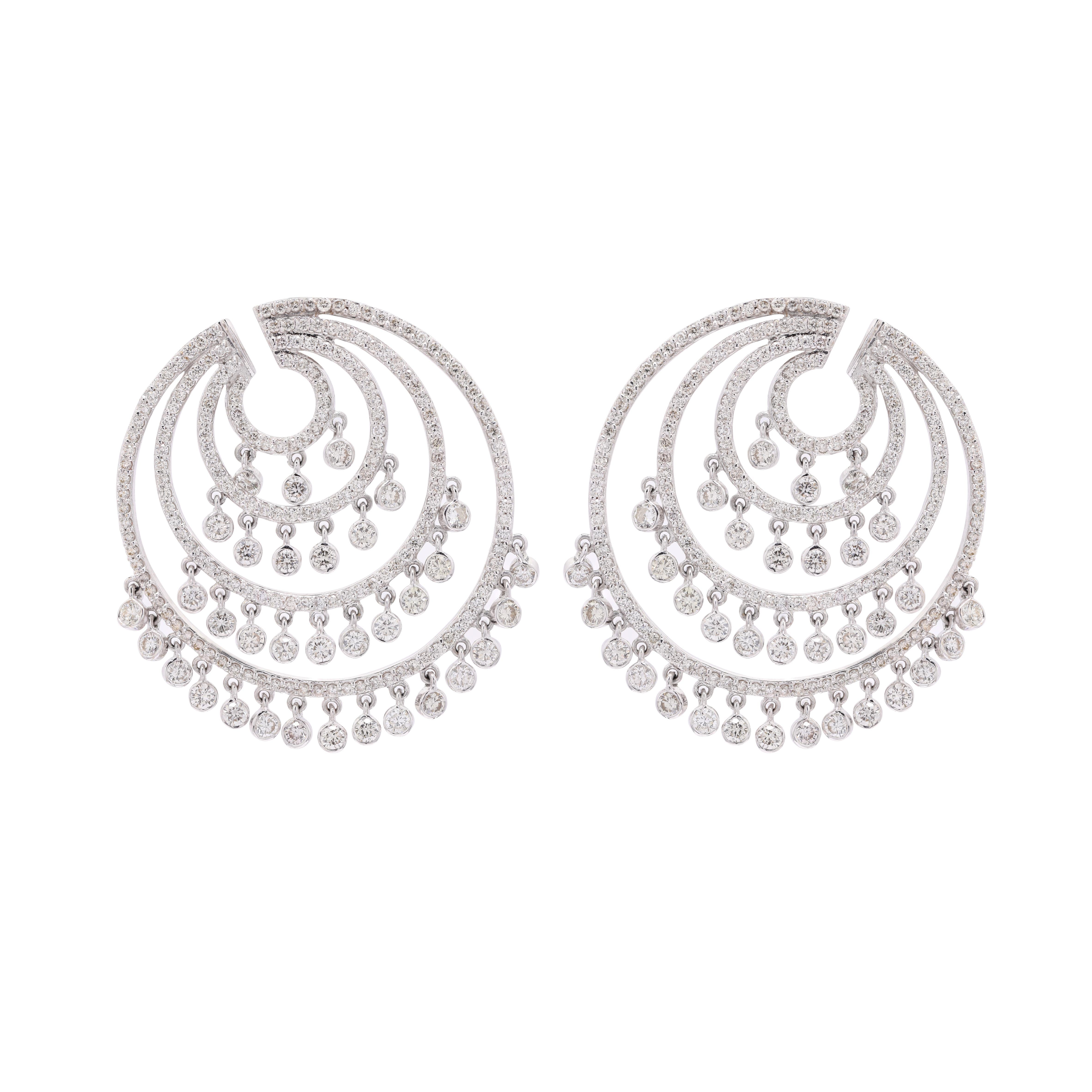Art Deco Scintillating 18K White Gold Circle Earrings with 6.7 Ct Dangling Diamonds For Sale