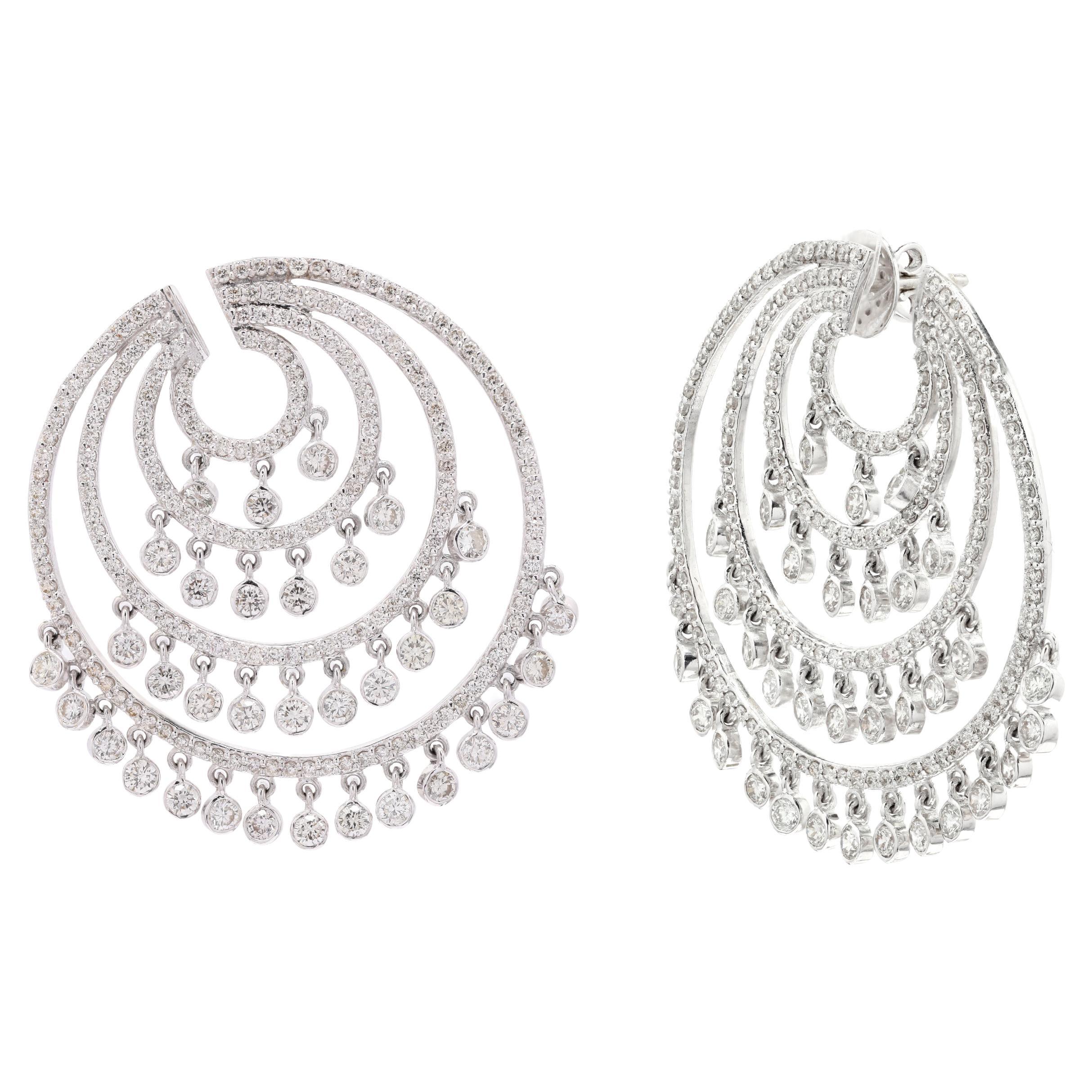 Scintillating 18K White Gold Circle Earrings with 6.7 Ct Dangling Diamonds For Sale